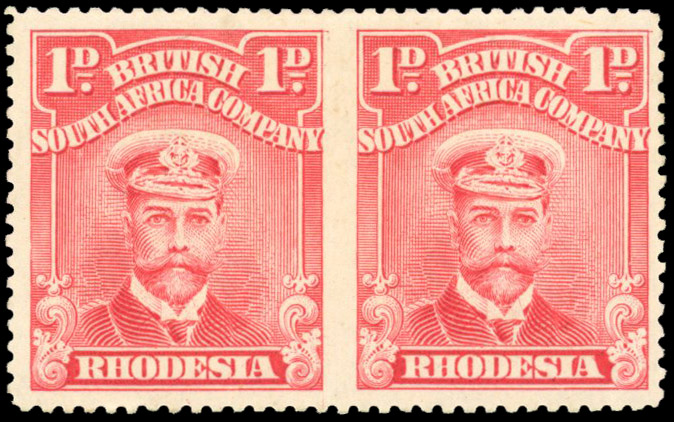 Rhodesia 1913-19 1d rose-red perf 15 horizontal pair error Imperf Between