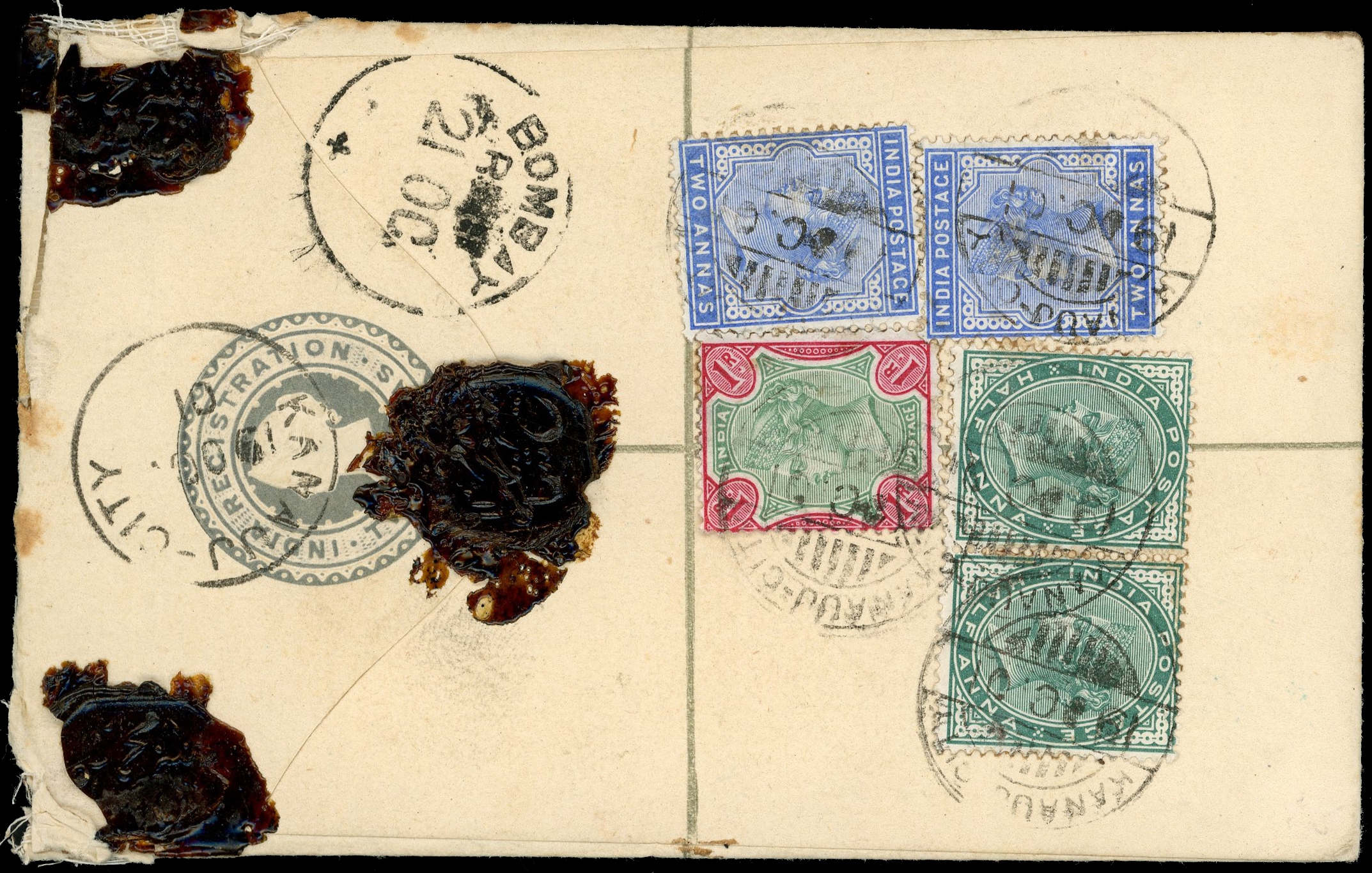 POSTAL HISTORY: INDIA: 1901 (19 Oct) reg stationery envelope to Bombay ½a x 2, 2a x2 and 1r adhesives, Kanauj City