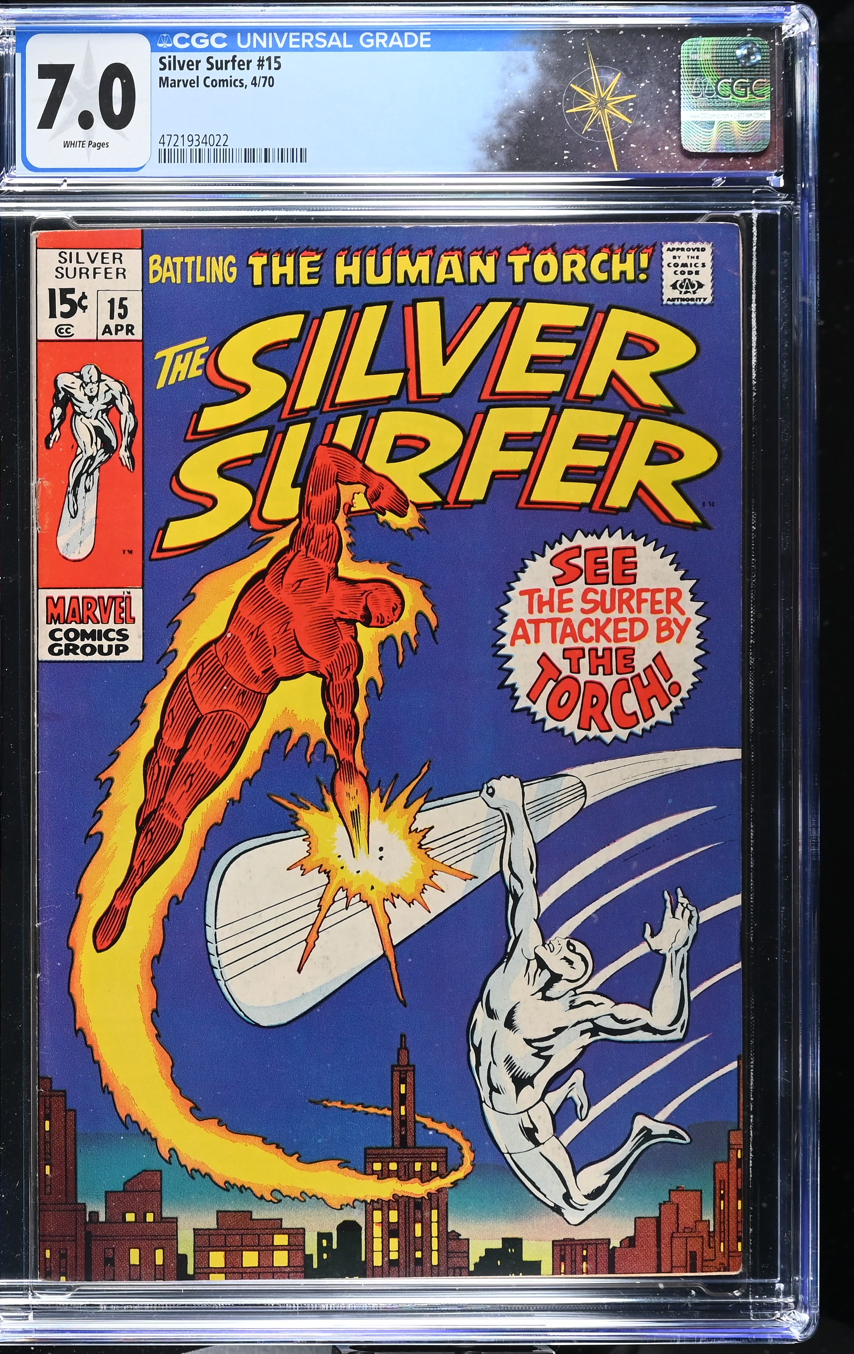 Silver Surfer #15 CGC 7.0 Silver Surfer vs. Human Torch "The Flame and the Fury!" (Marvel Comics, 1970) White Pages