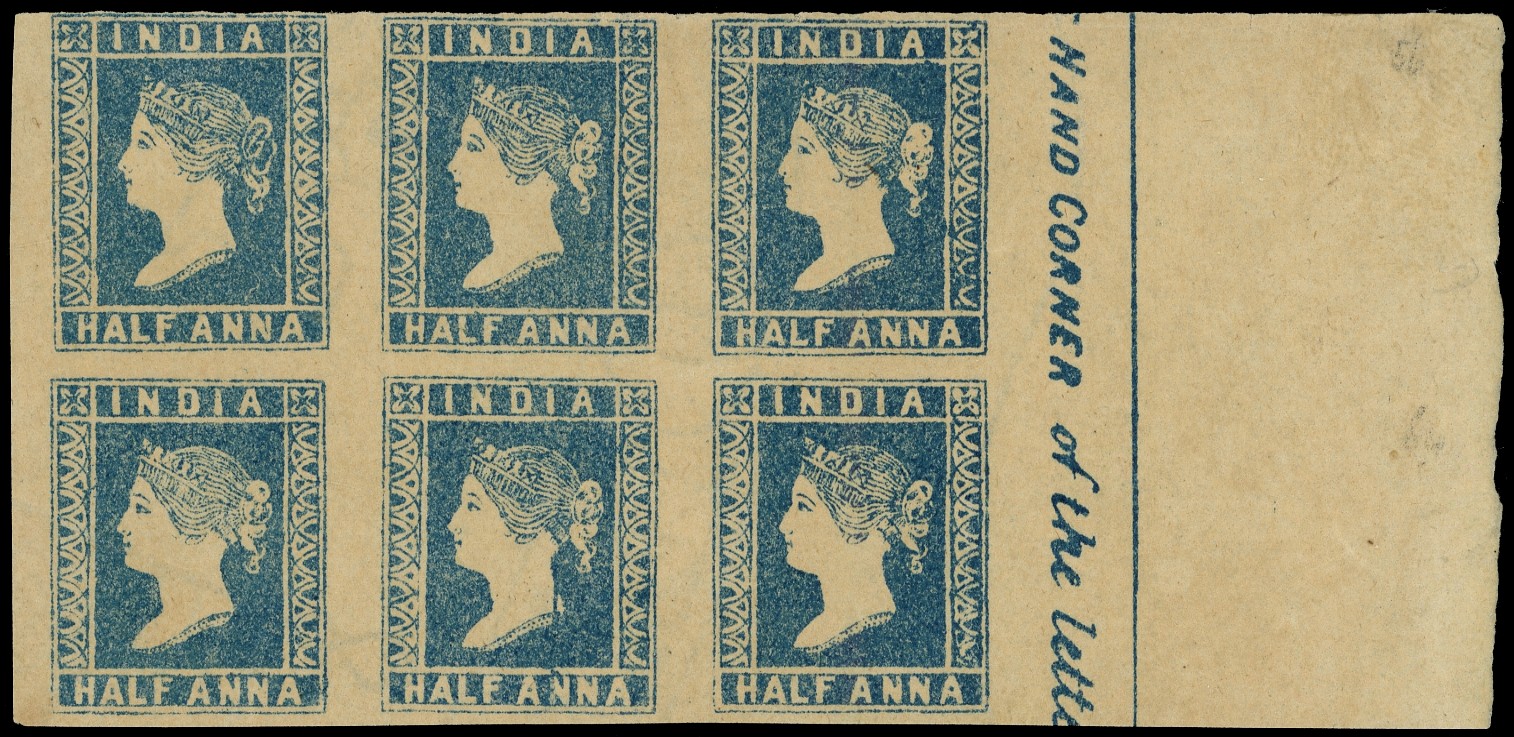 1854 ½a pale blue block of six, showing marginal inscription at right. Close at top, otherwise good to large margins,...