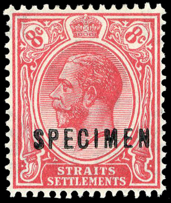 Straits Settlements 1922 SG240es Specimen unissued 8c carmine with Script watermark