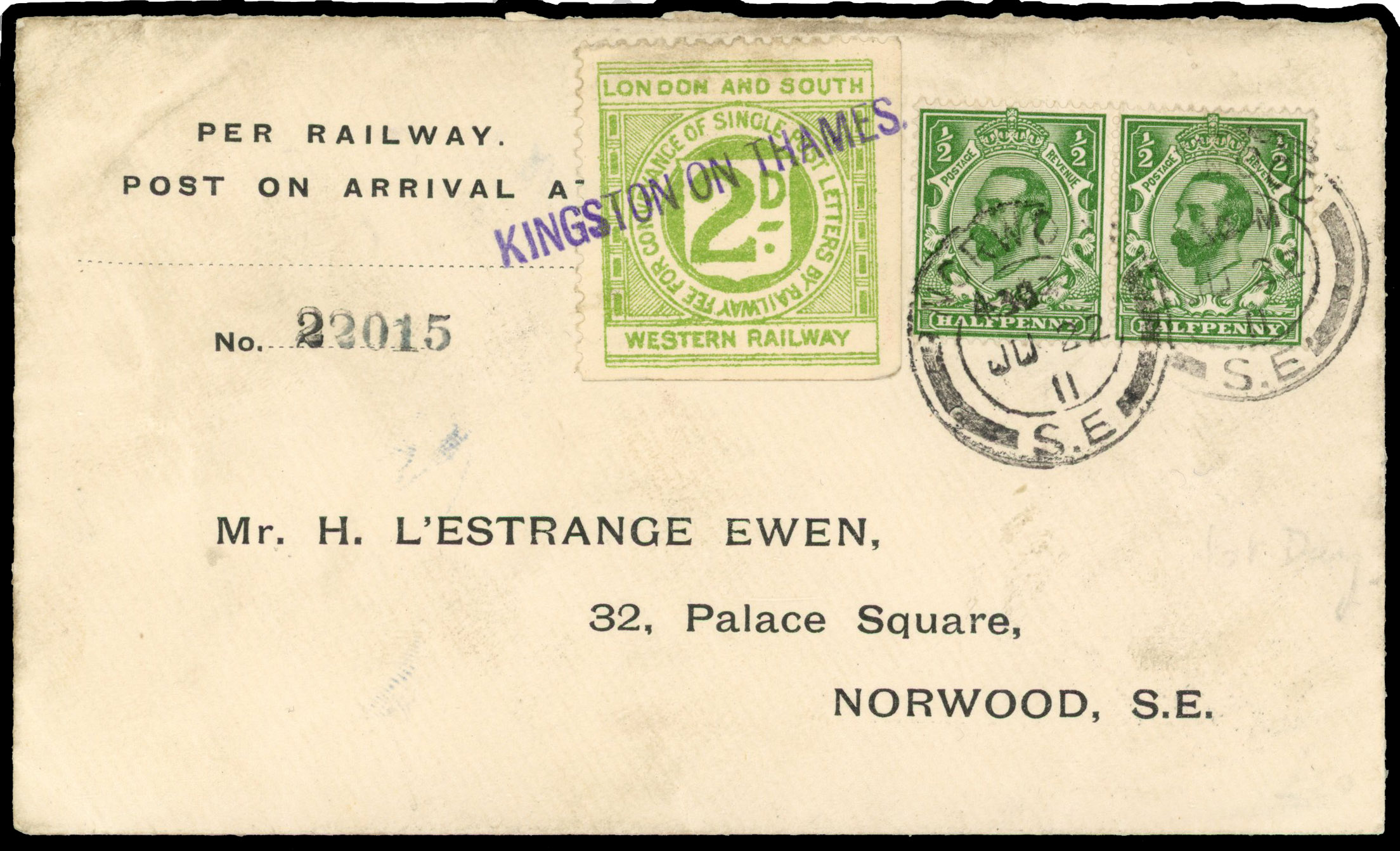 1911 Railway FDC. Very fine Ewen envelope FDC
