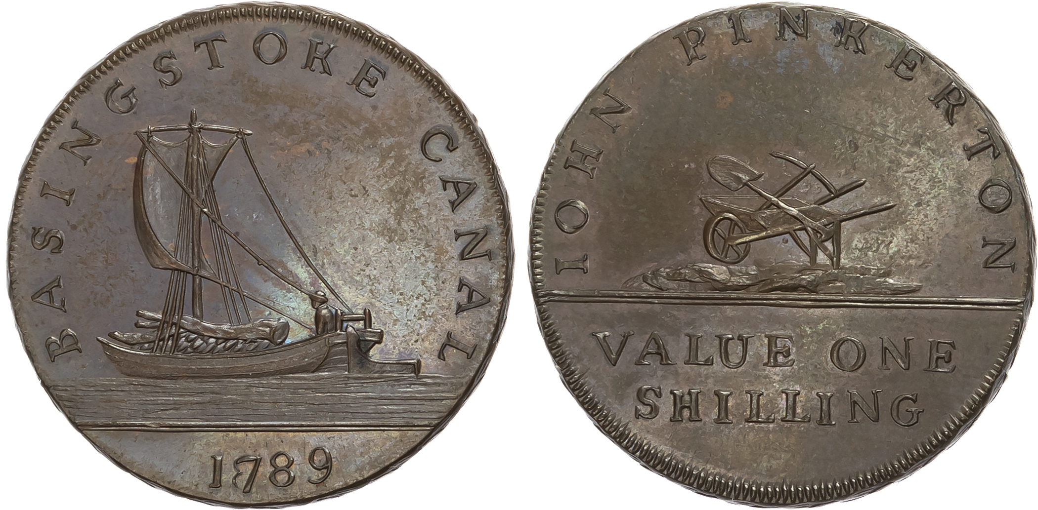 Hants.  Basingstoke , John Pinkerton, Mynd’s Shilling, 1789 [7 over 8], Sailing barge, rev. wheelbarrow and tools, edge  …
