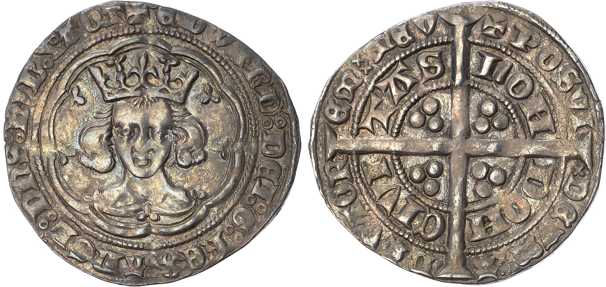 Edward III (1327-1377) Groat, fourth coinage, treaty period, London mint, series E (1354-55), mintmark cross 2 (3). …