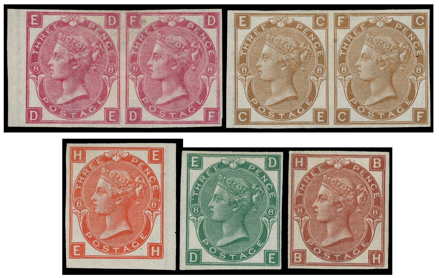 1872 3d Colour trials. Group of seven.