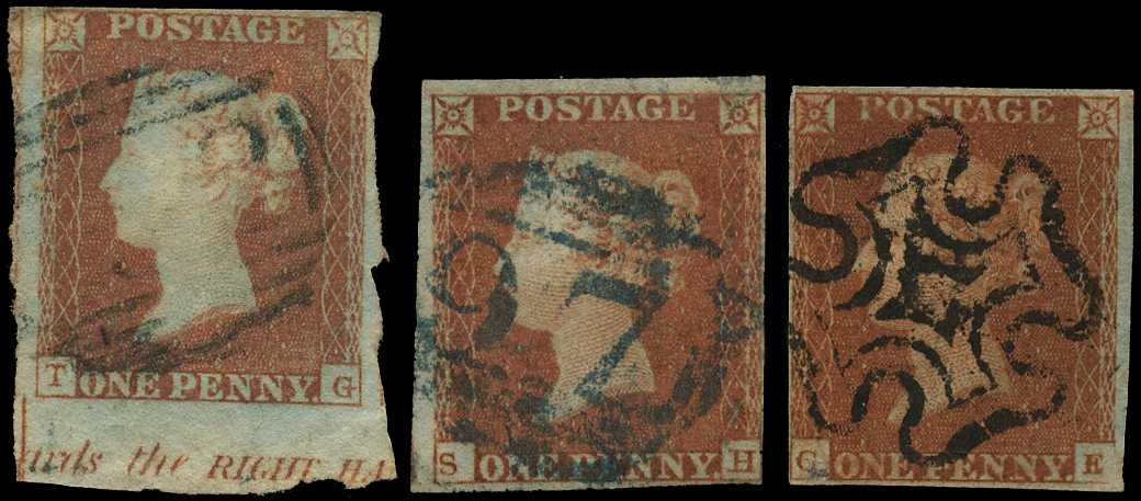 1841 1d red-brown used unplated trio...