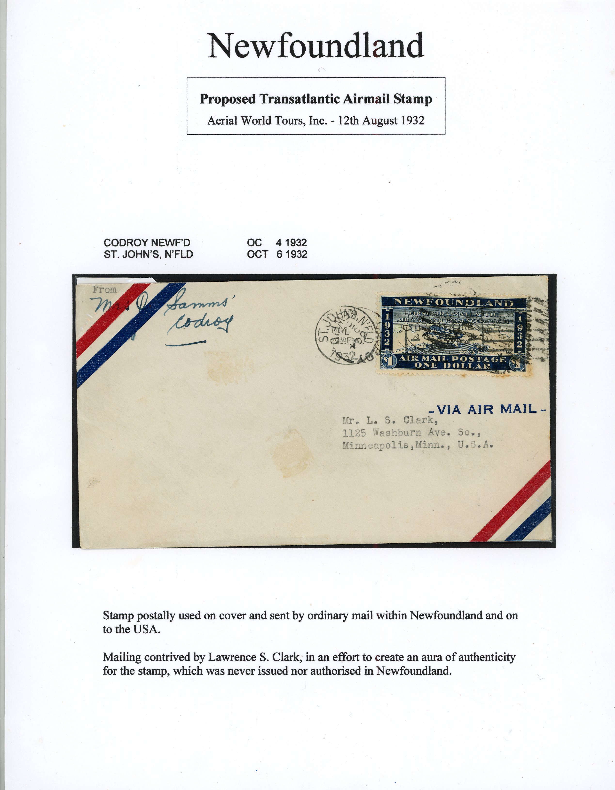Newfoundland 1932 'Wayzata'' unissued $1 blue airmail stamp, as complete sheet of twenty (4 x 5), single on contrived cover,