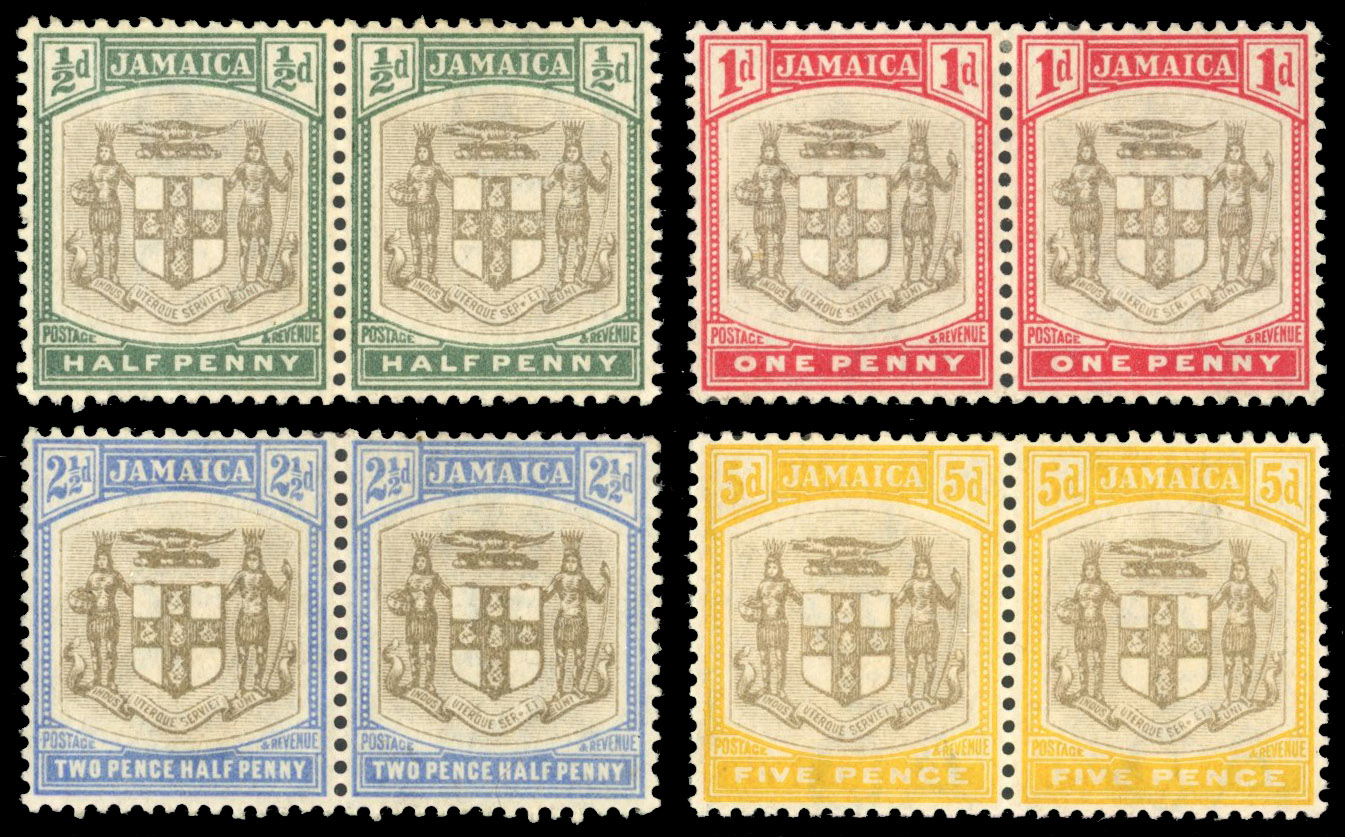 Jamaica 1903-04 set of 4 to 5d horizontal pairs variety 'SER.ET' for 'SERVIET' SG 33a/36a