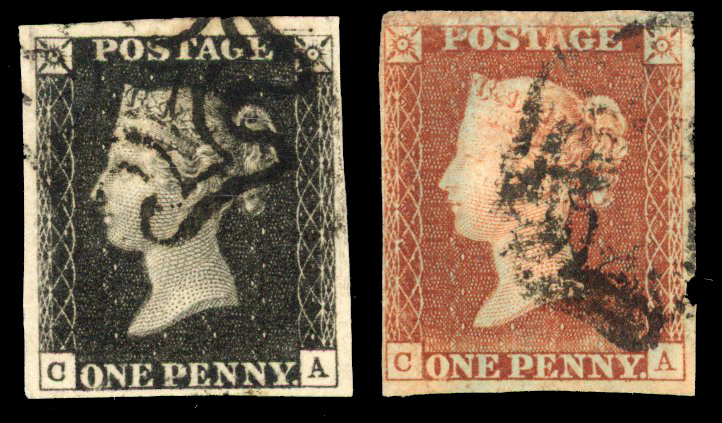 1840 1d black, plate 8 (CA), four good to large margins, matched with 1d red-brown