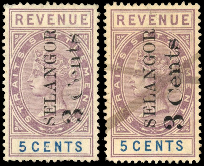 Selangor Revenue 1889-90 3c on 5c surcharge unused and used
