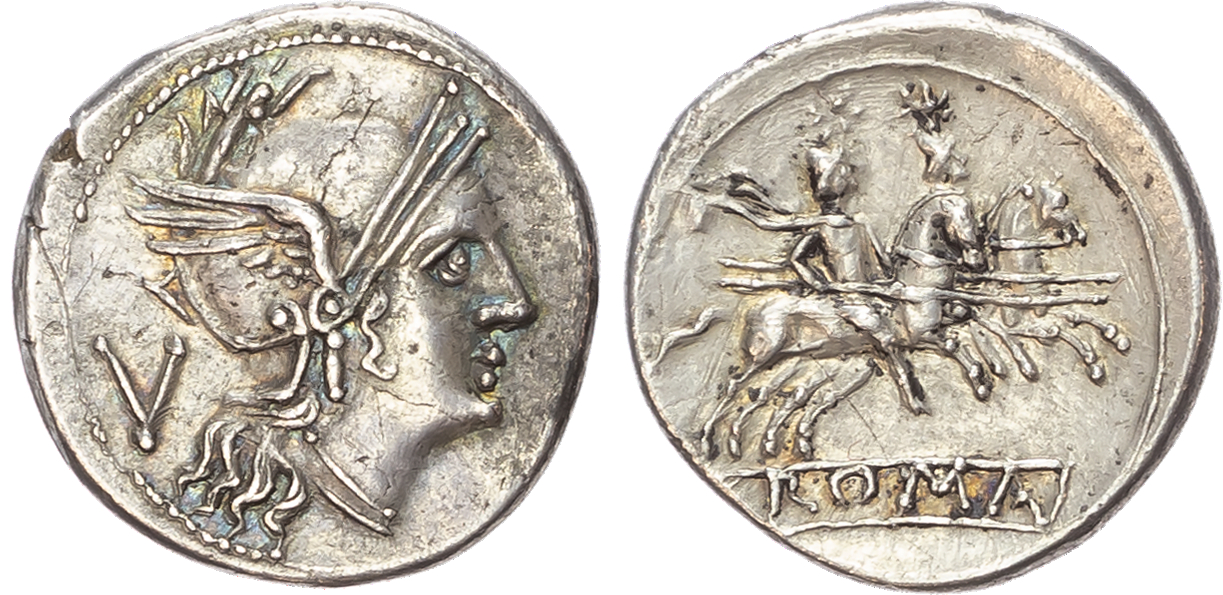 Anonymous (c. 211-208 BC), AR Quinarius, Rome, 2.02g.