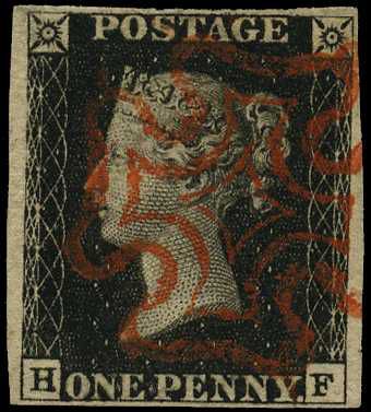 1840 1d black Plate 1b (HF), four clear to...