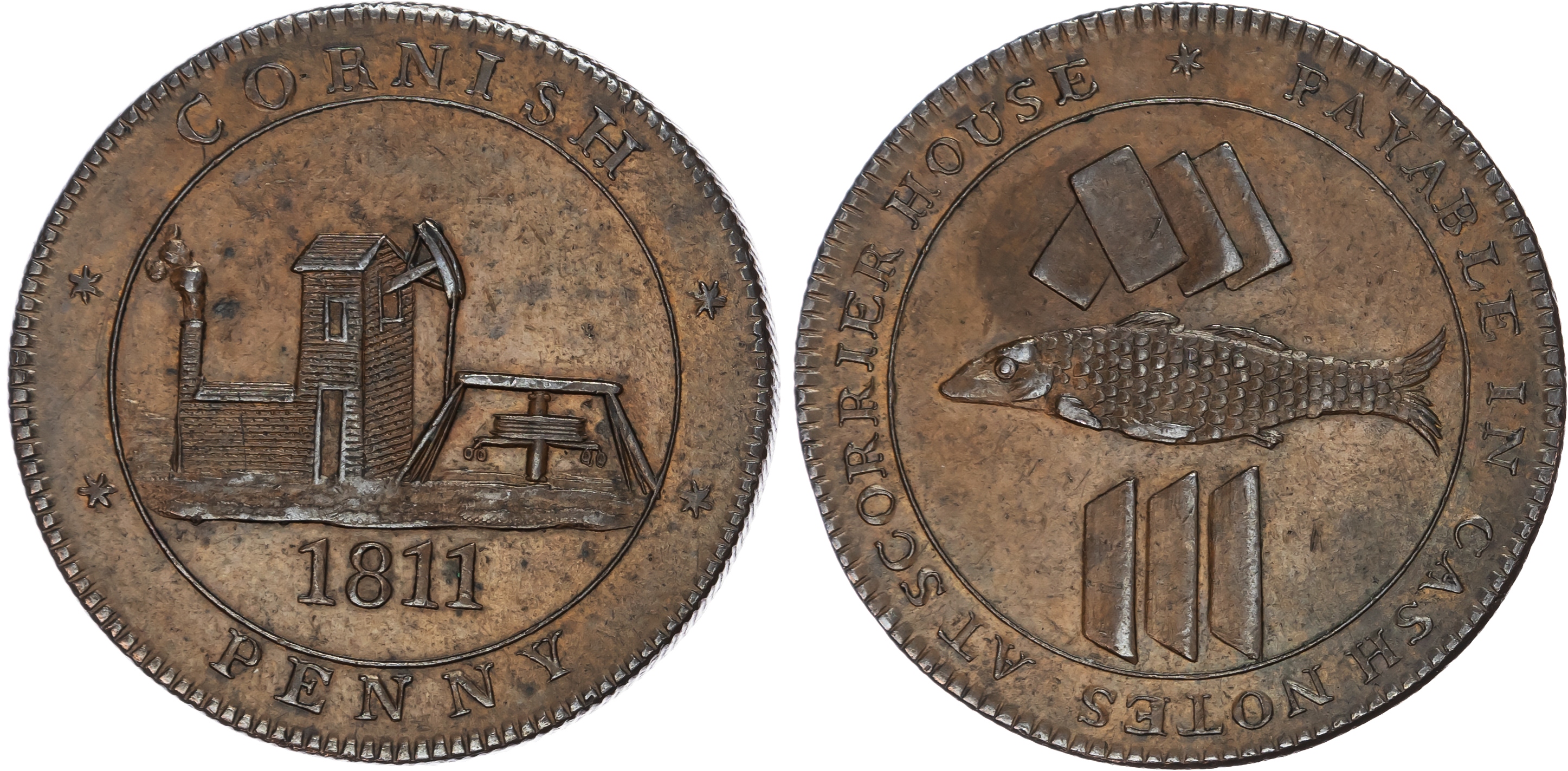 Cornwall, REDRUTH, John Williams of Scorrier House (mining mogul), Penny 1811, Pumping engine to a copper mine…