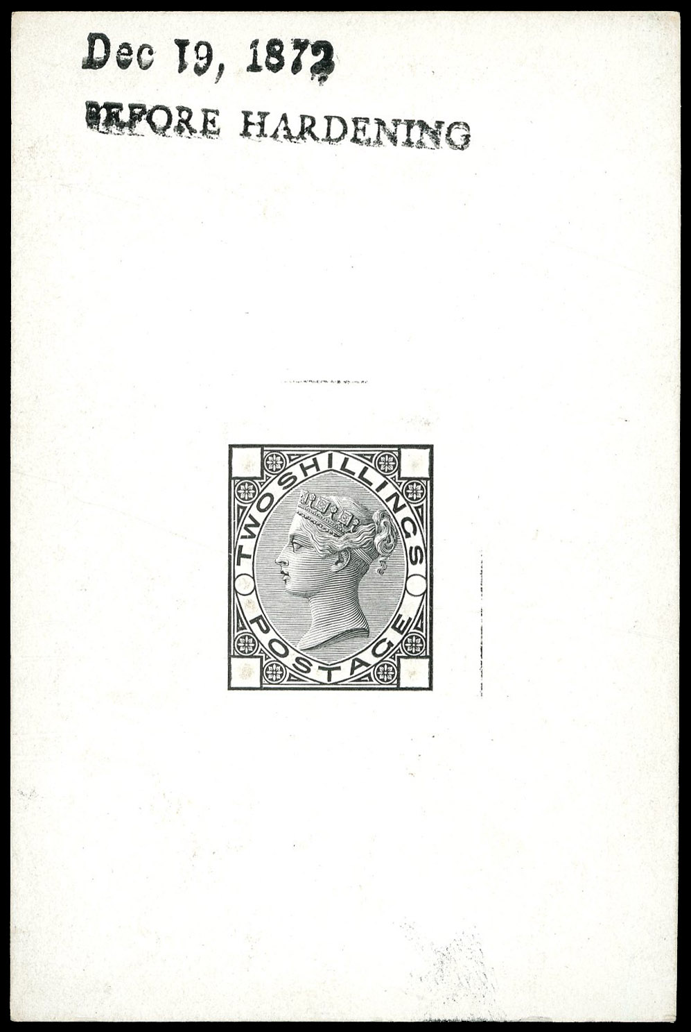 1872 2s Die proof (Design B). Very fine example printed in black on white glazed card (61x92mm), with cleared corner squ…