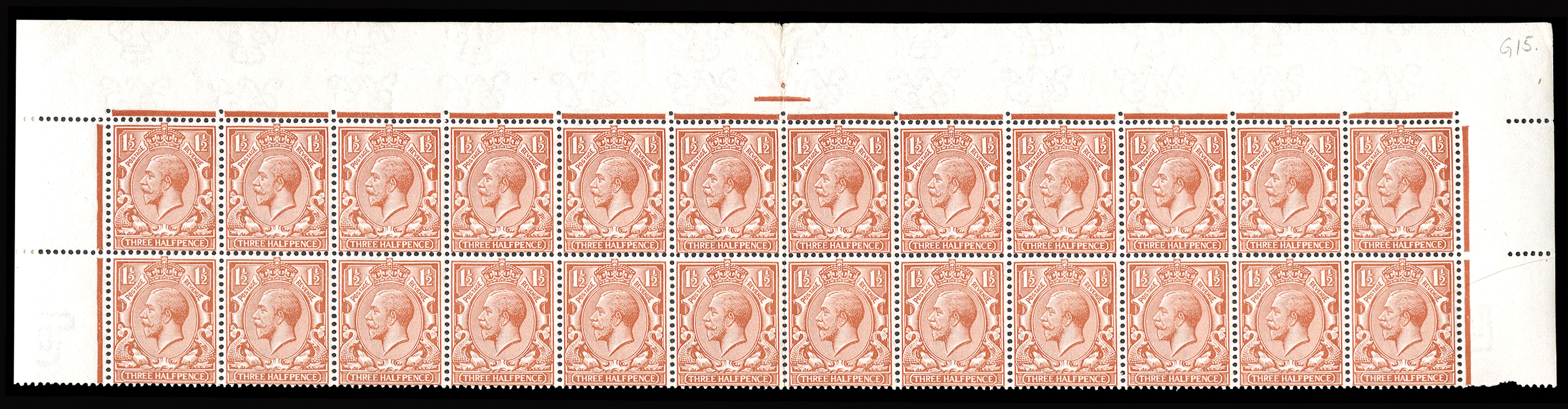 1912 1 1/2 d Red brown (Wmk. Inverted & reversed). Very fine and fresh unmounted o.g. block of 24 from the top two rows of...