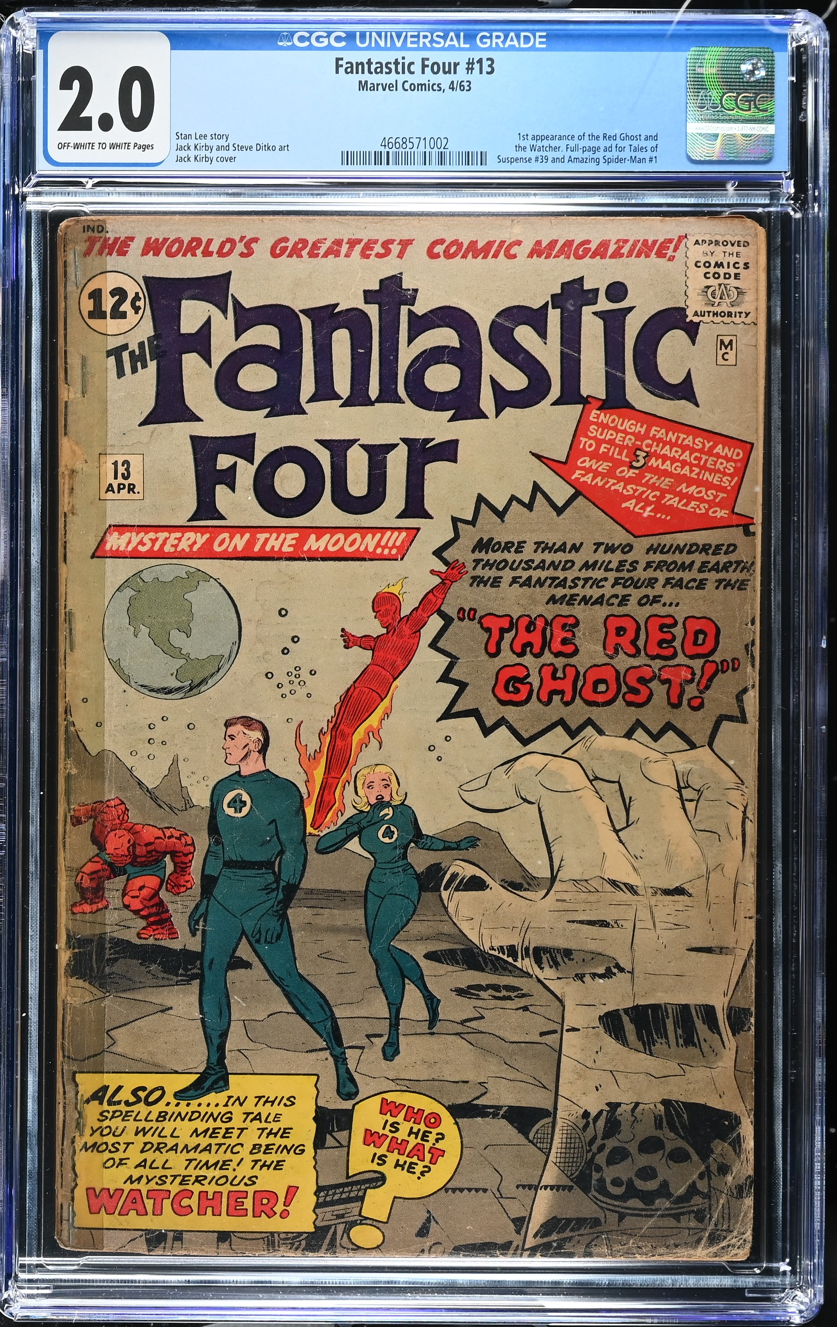Fantastic Four #13 CGC 2.0 1st Appearance of the Watcher & Red Ghost (Marvel Comics, 1963) Off-White to White Pages