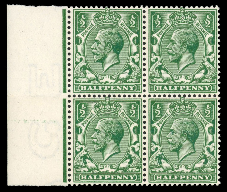 GB: 1912-24 ½d deep blue (“myrtle”) green, mint unmounted o.g. left marginal block of four.