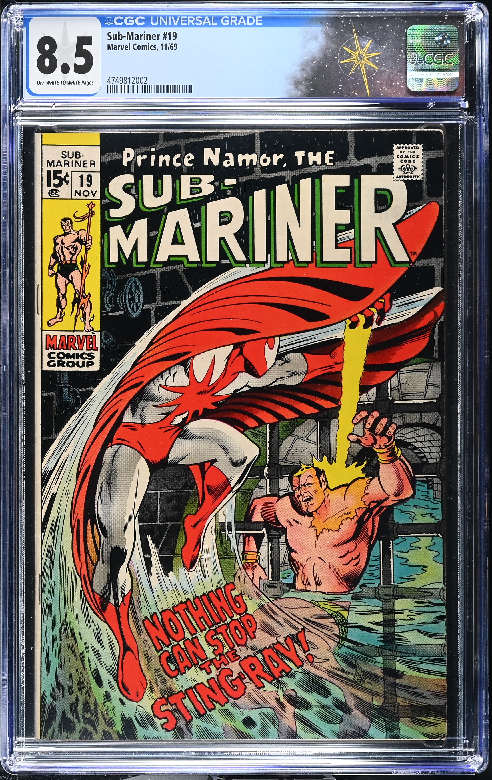 Sub-Mariner #19 CGC 8.5 1st Appearance of Sting-Ray (Walter Newell) (Marvel Comics, 1969) Off-White to White Pages
