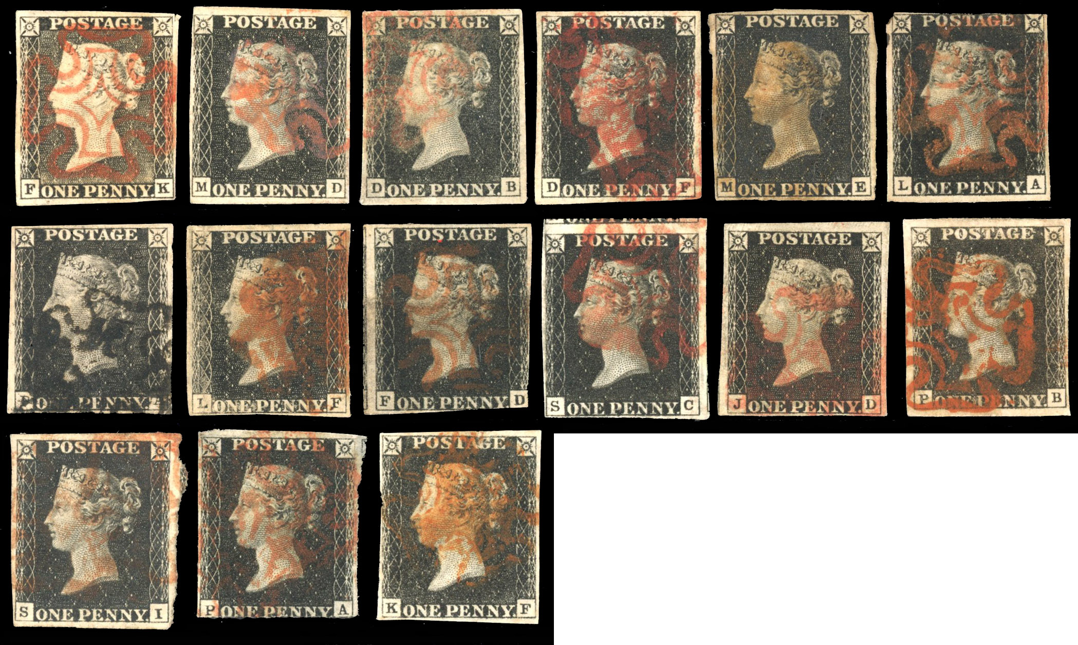Great Britain 1840 1d black mixed used lot of 15 SG 2-3