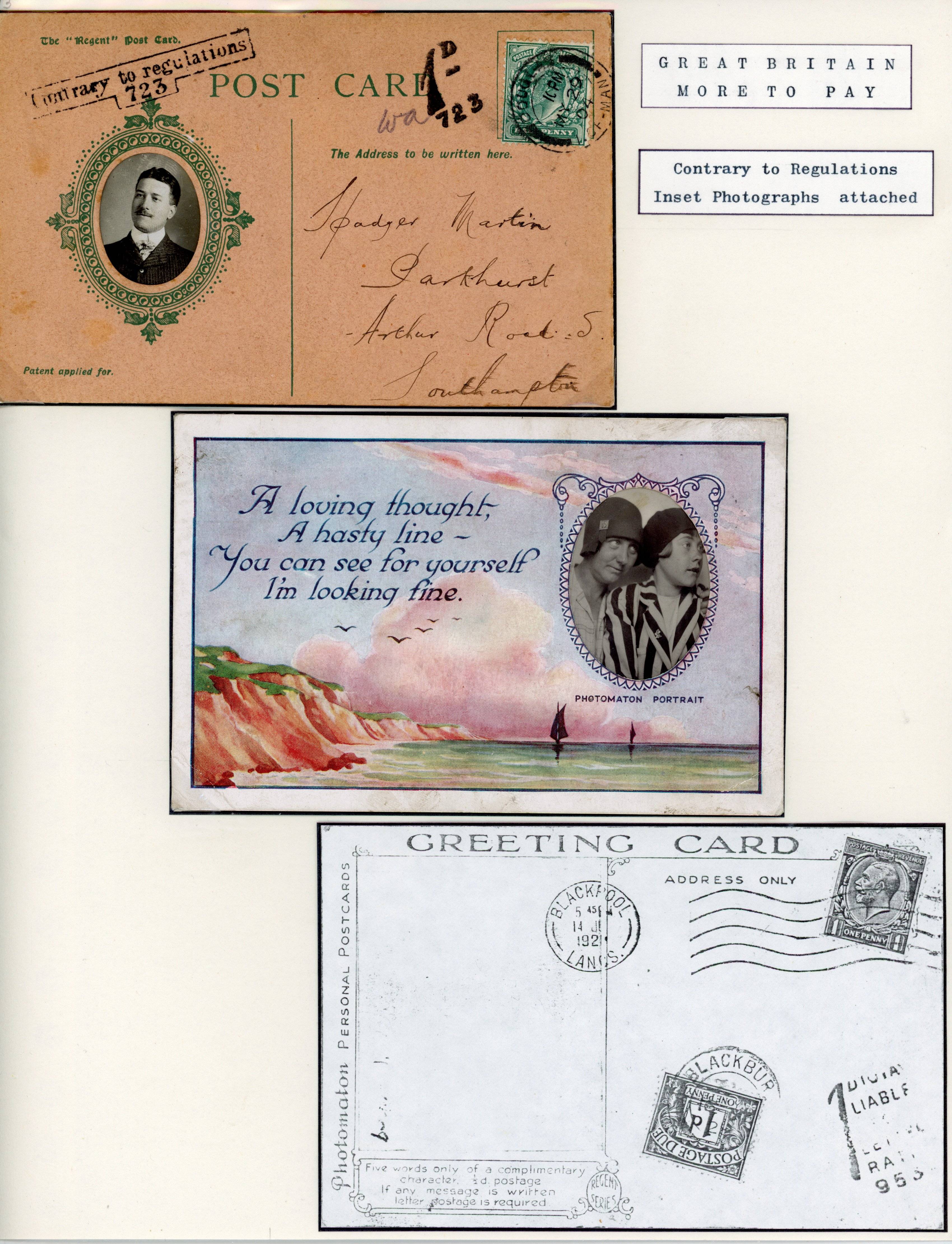 Great Britain 1904-28 pair of novelty postcards with inset photographs