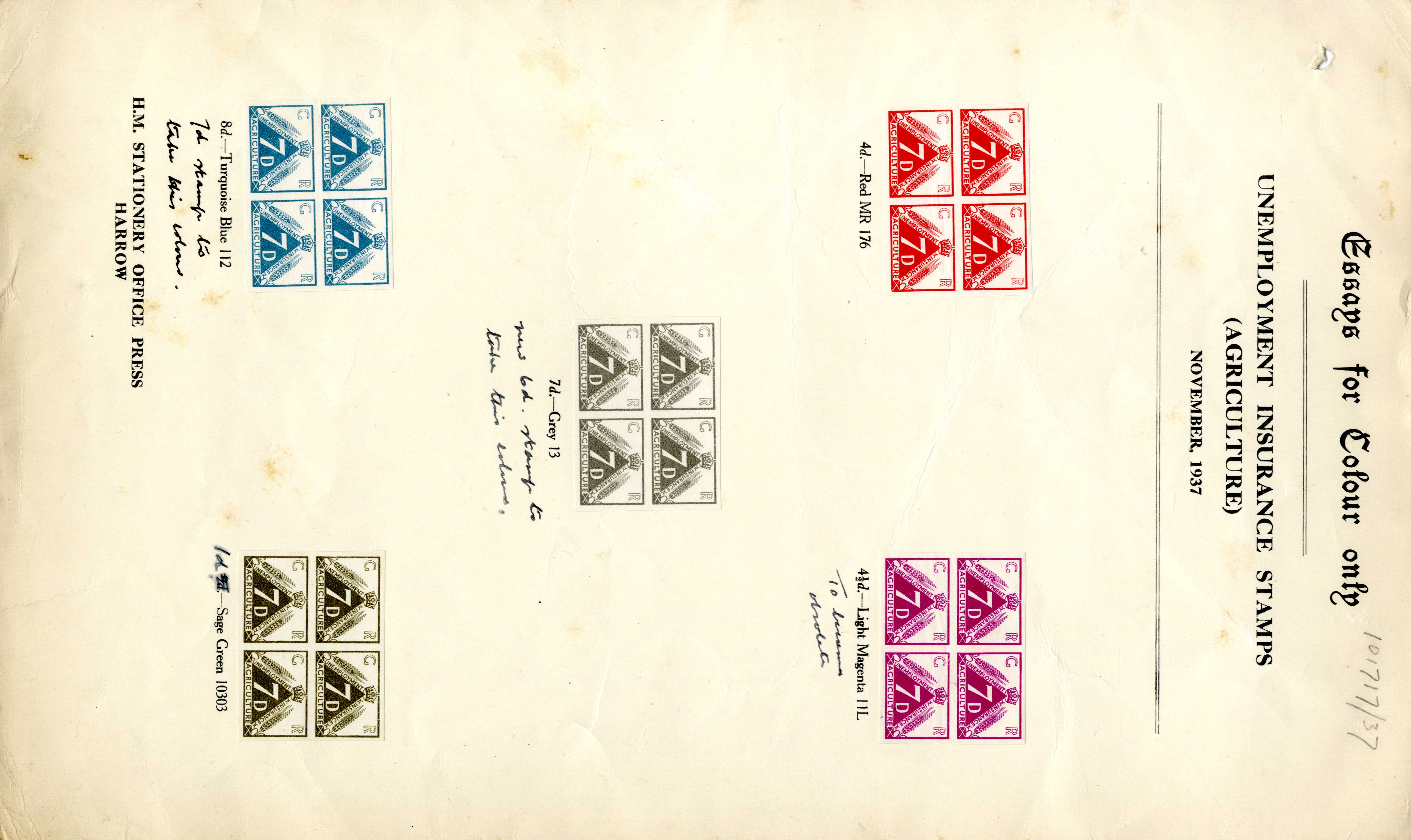GB Great Britain Unemployment Insurance (Agriculture) revenue colour trials for 1937 issue