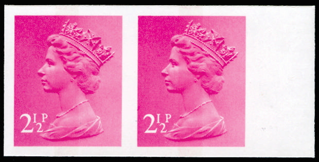 GB 1971 2½d Magenta (1 centre band). Superb unmounted o.g right hand marginal horizontal pair of imperf… SGX851var