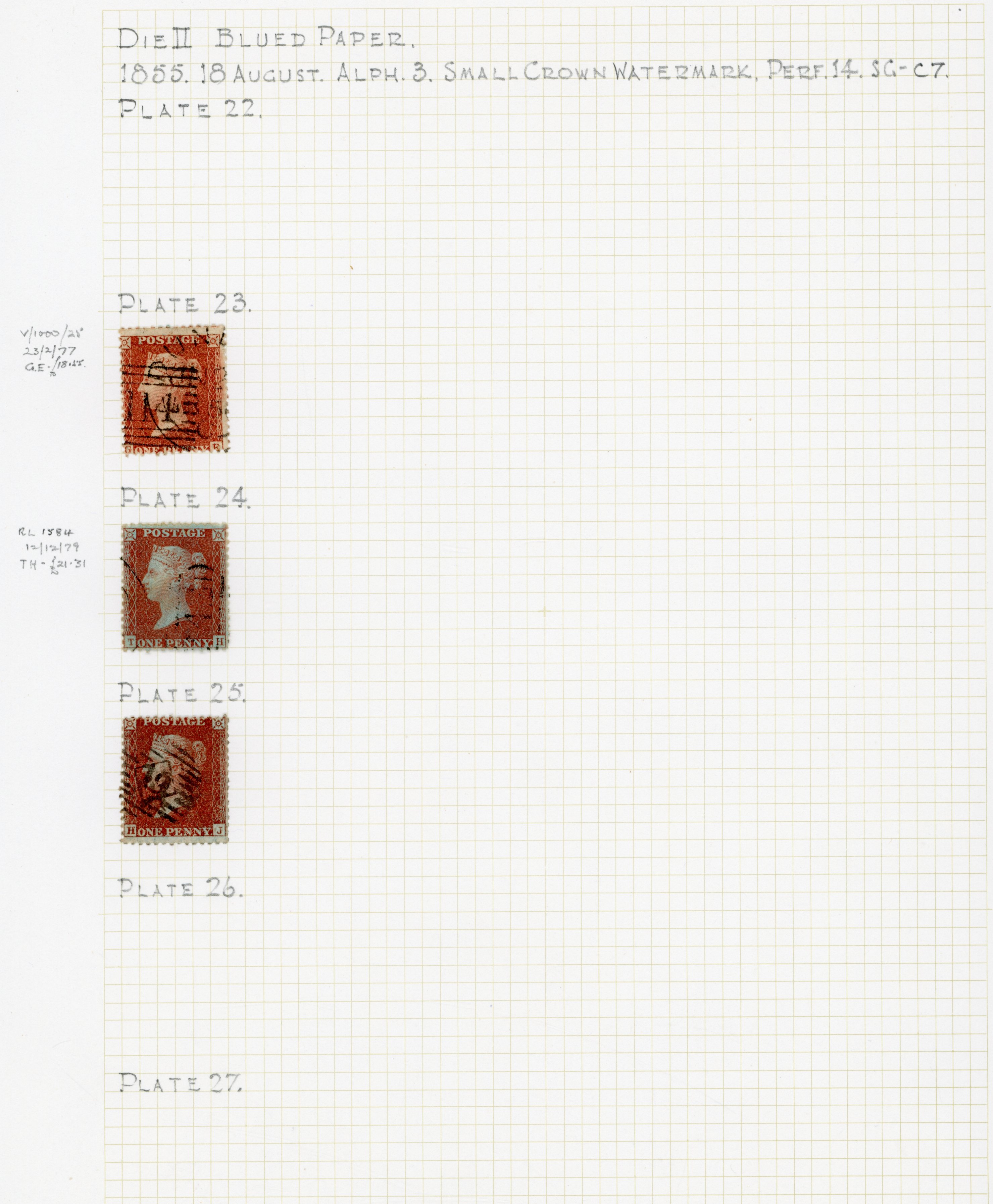 GB 1856 1d red C7 used examples from Plates 23, 24 and 25