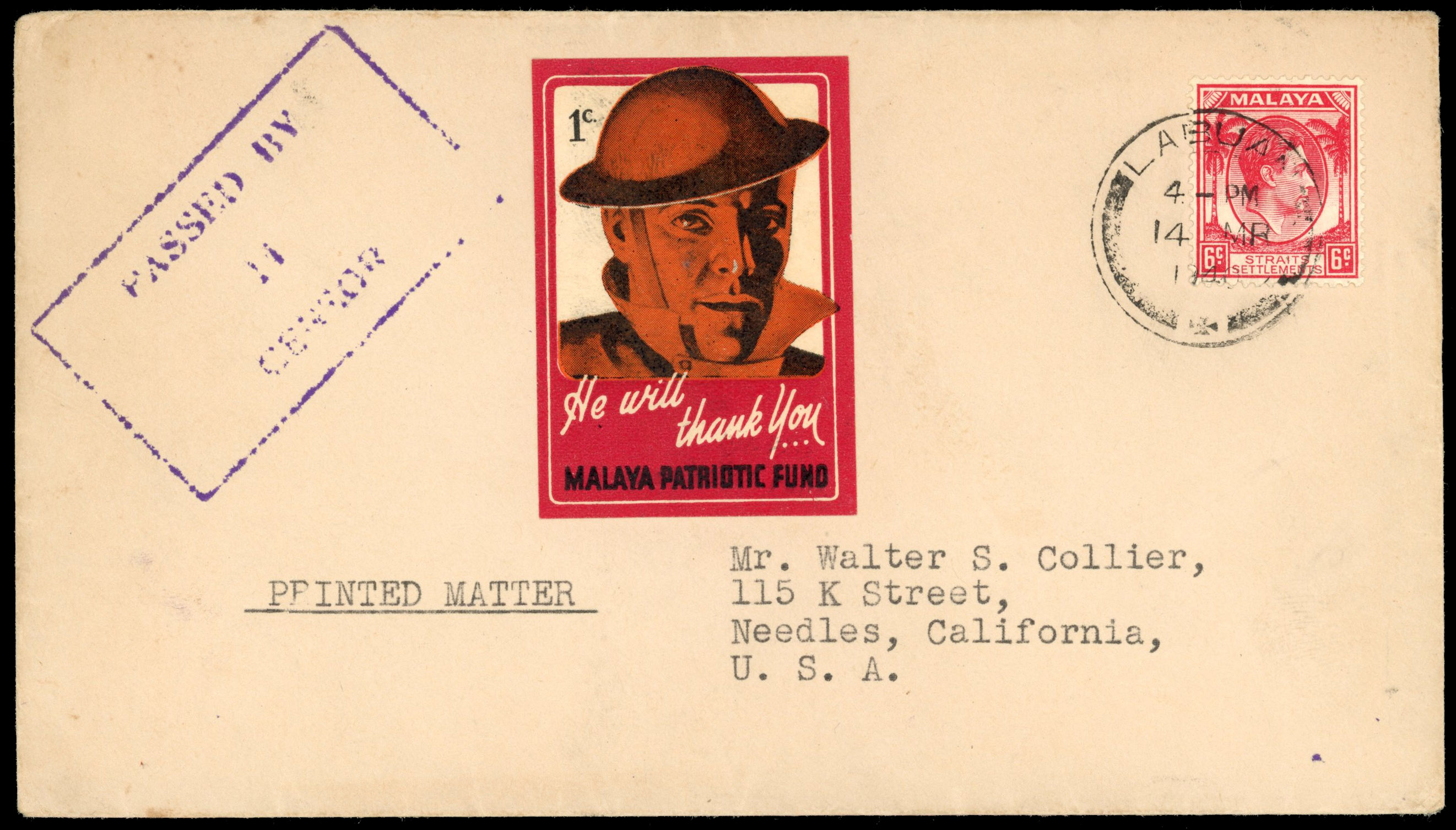 Labuan 1940 printed matter cover to California with Straits Settlements 1937-41 6c