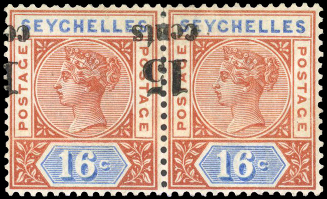 Seychelles 1893 15c on 16c horizontal pair with error Surcharge Inverted, SG 19a
