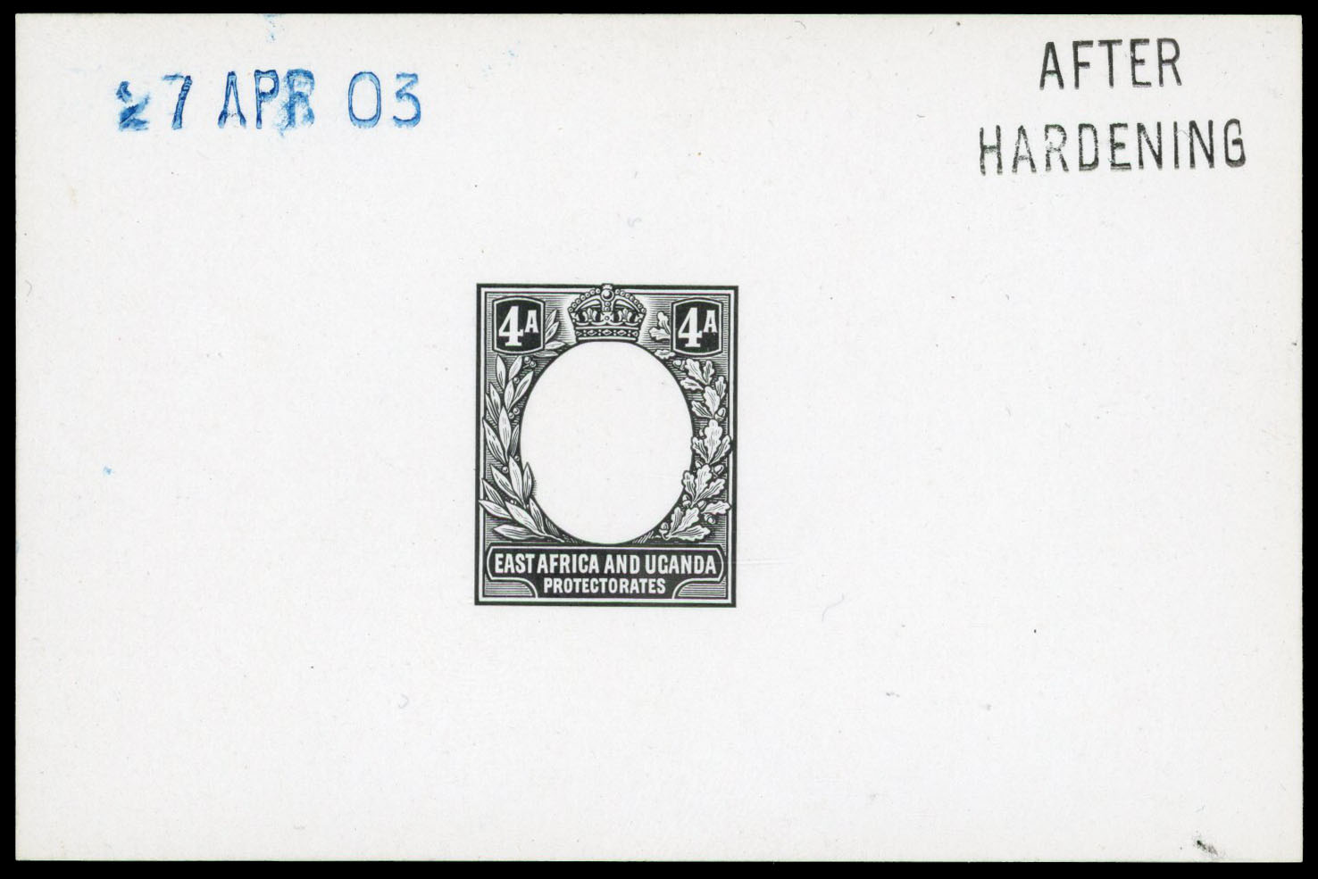 1903 4a De La Rue die proof in black on glazed card dated “27 APR 03" in blue and endorsed “BEFORE HARDENING”