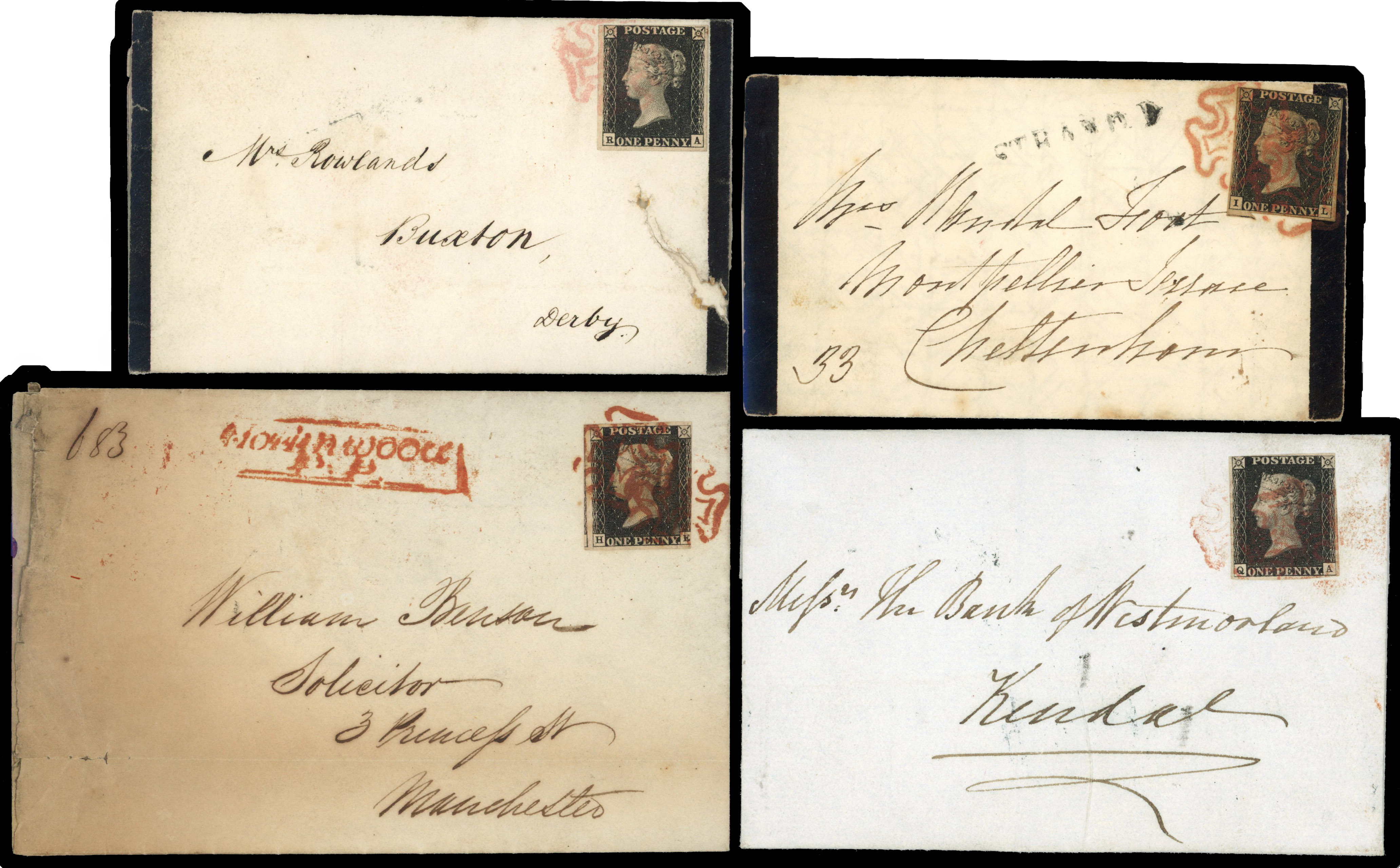 1840 a selection of 26 entires or covers bearing unplated 1d blacks, mostly good to fine with 3 to 4 margins with