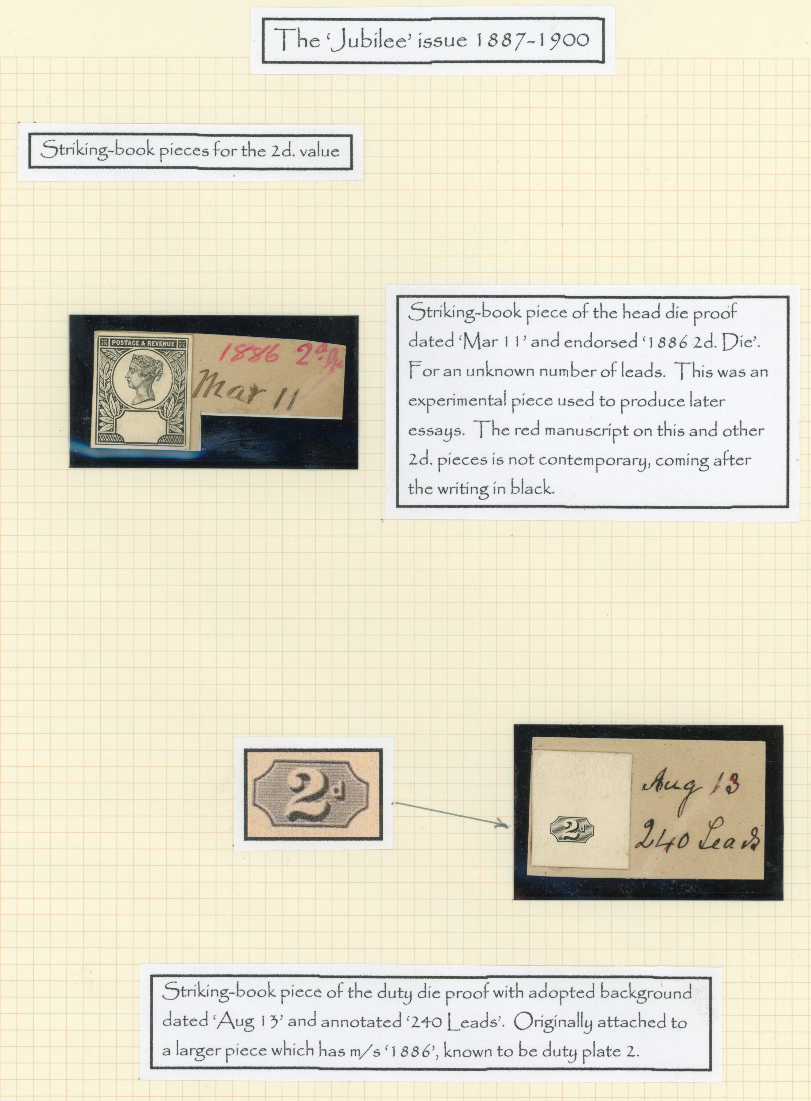 GB 1887-92 2d stamp-sized die proofs on DLR striking book pieces, For SG 199