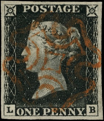 1840 1d black plate 2 (LB), four margins, cancelled with crisp red...