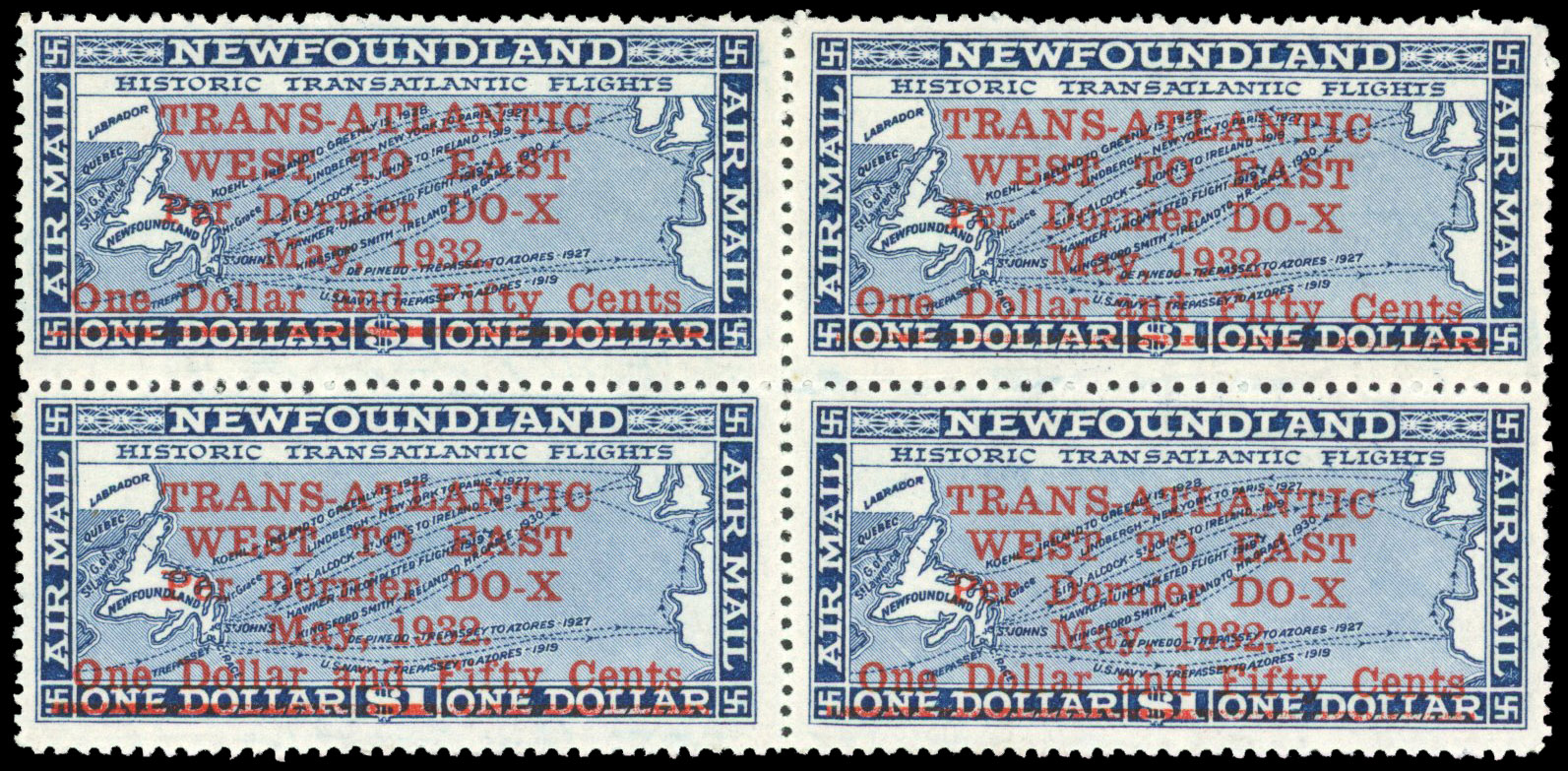 Newfoundland 1932 Air $1.50 on $1 Dornier block of 4