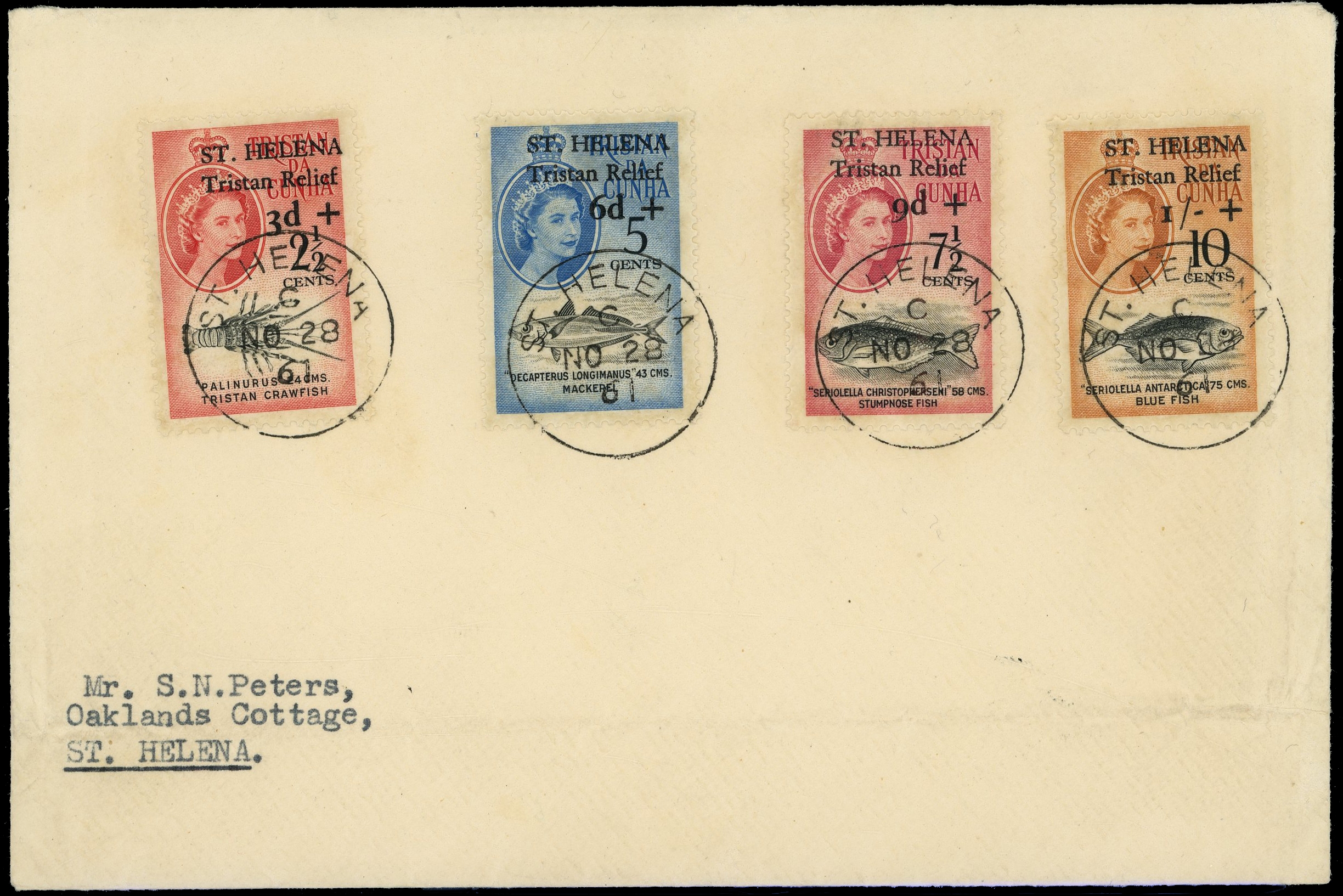 St Helena: 1961 Tristan Relief Fund set of 4 on plain local cover, all tied St Helena cds, ‘No 28/61’, t