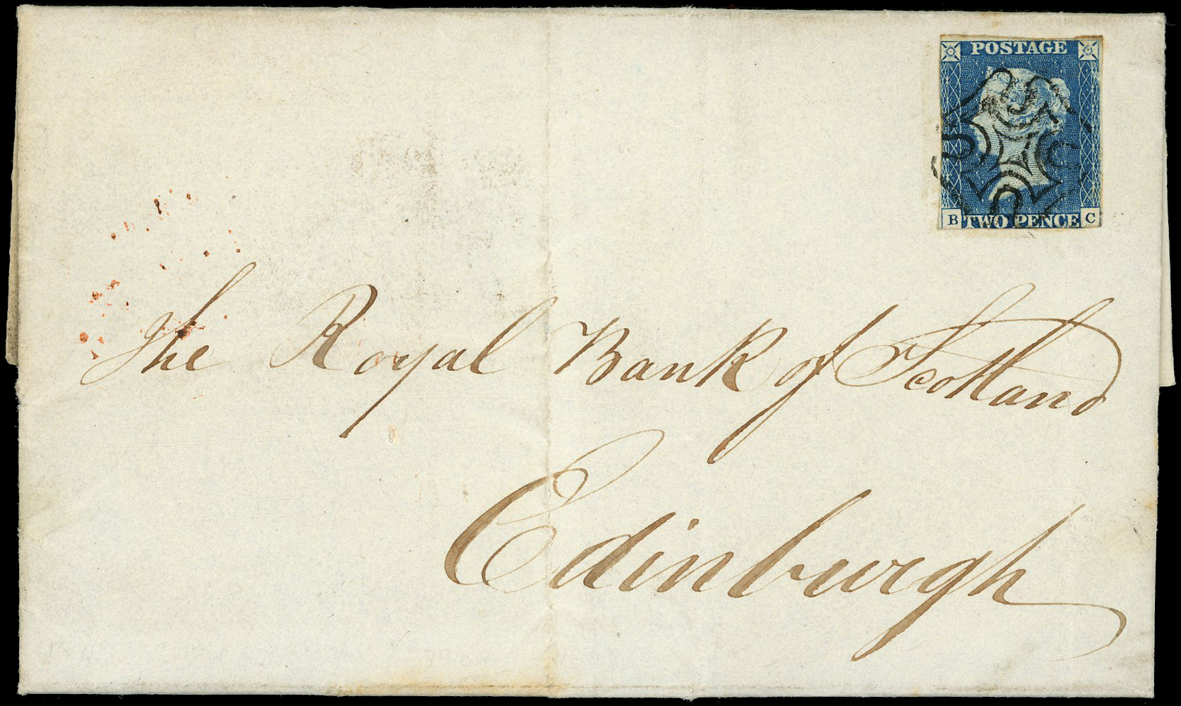 1841 2d Blue Pl.1. Entire 2d Blue tied by Greenock MC's