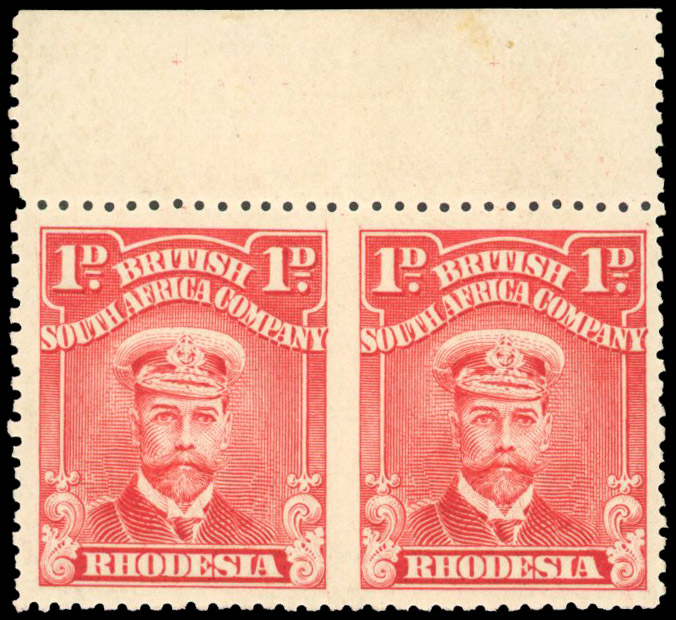 Rhodesia SG 195a 1913-19 1d rose-red horizontal pair error Imperf Between