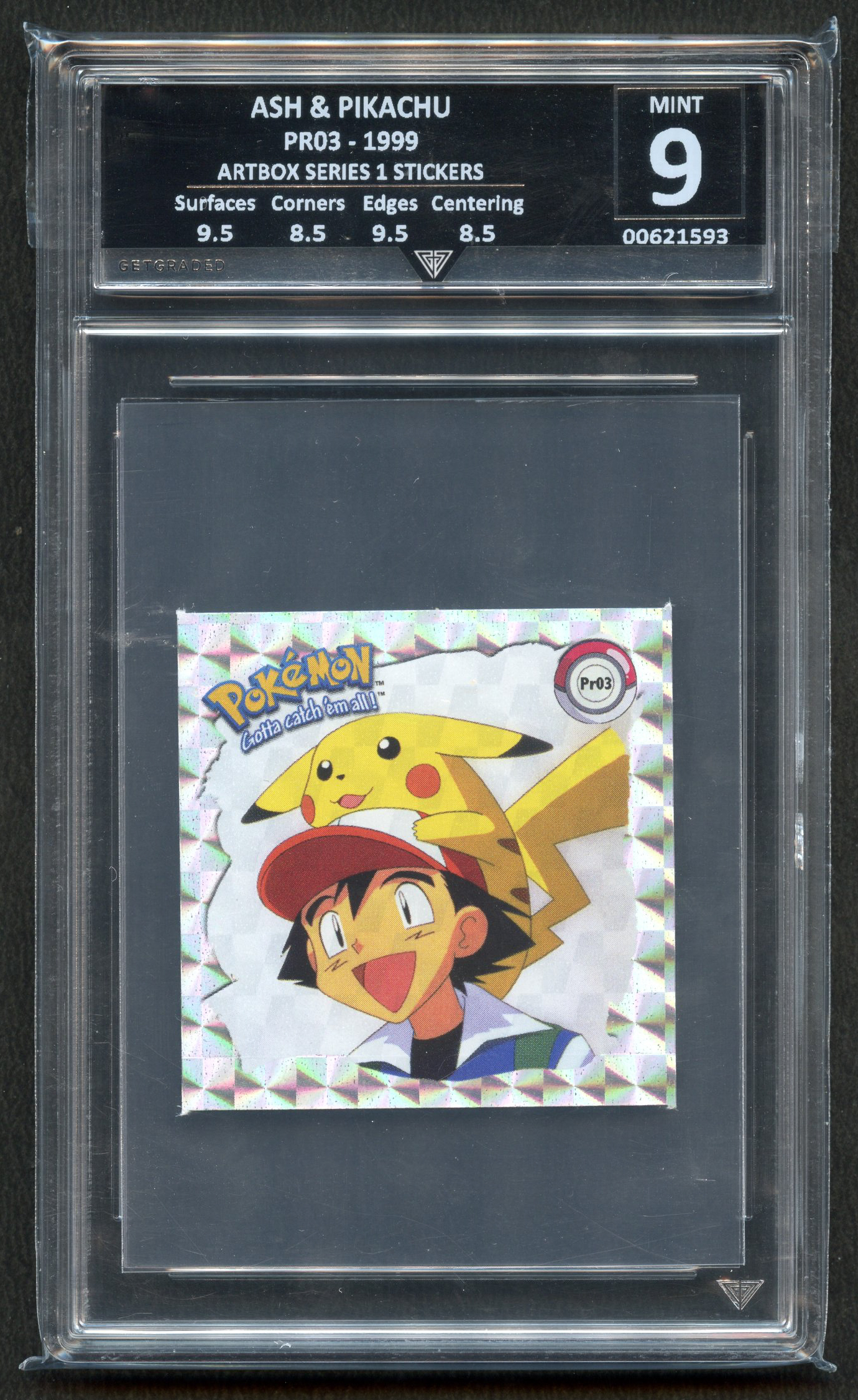 Get Graded 9 Ash & Pikachu Artbox Series 1 Stickers PR03 1999