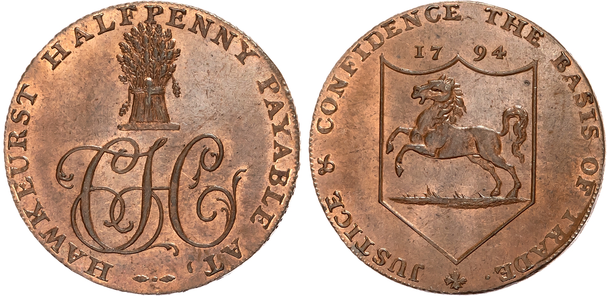 Kent , Hawkhurst , Charles Hider (grocer)Halfpenny 1794. Prancing horse of Kent arms, Wheatsheaf over CH cypher, edge C …