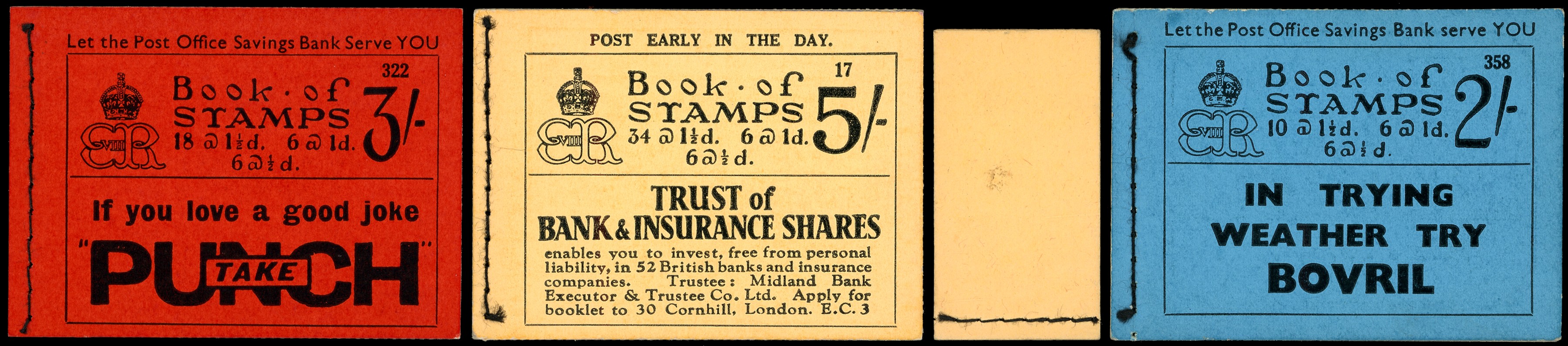 1936 6d buff unglazed cover, 2s, blue cover, 3s. scarlet cover, and 5s, black on buff cove