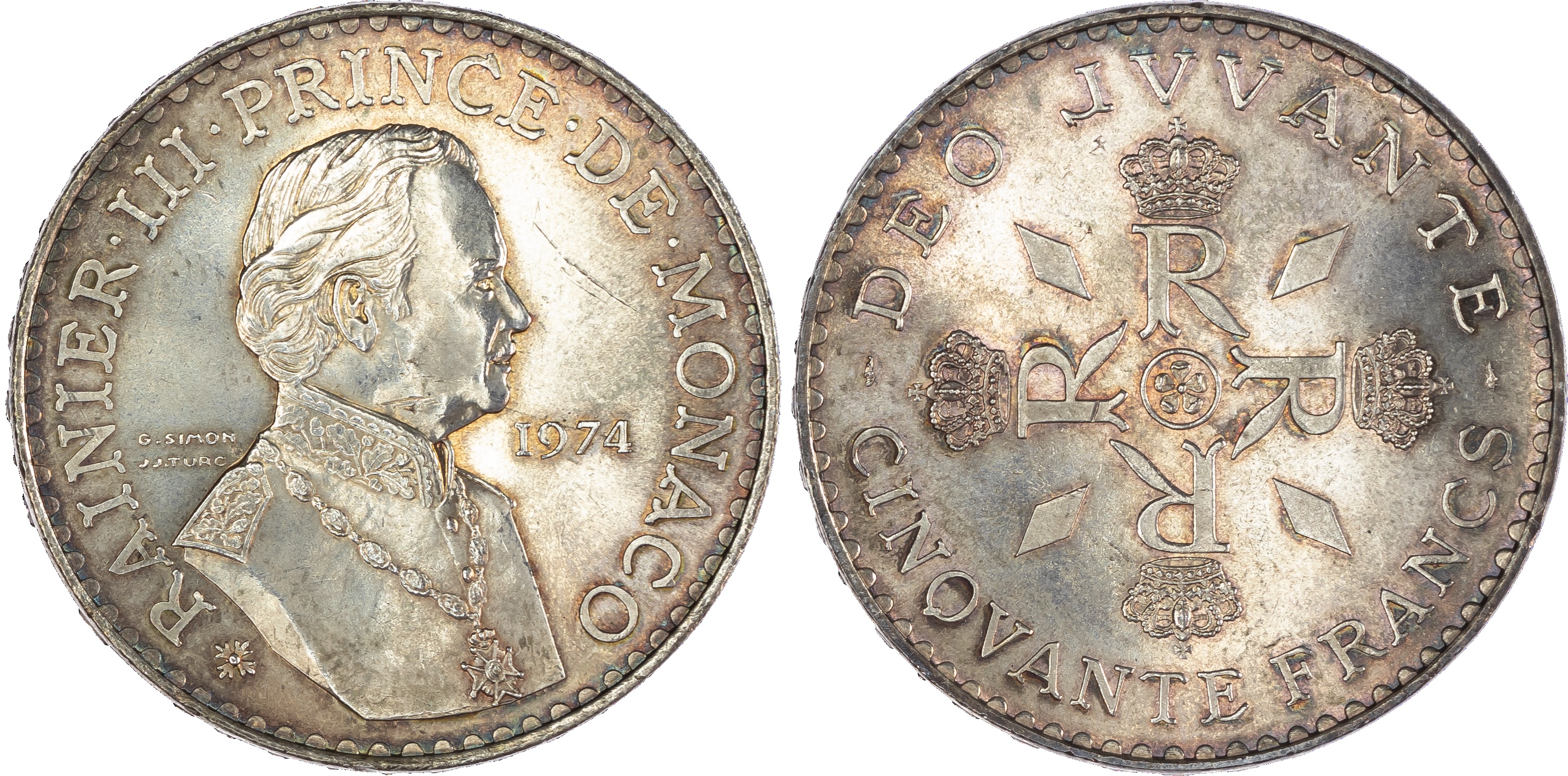 Monaco, Rainier III (1949-2005), silver 50 Francs, 1974, 25th Anniversary of the Reign, 30.03g (KM 152). Uncirculated, minor