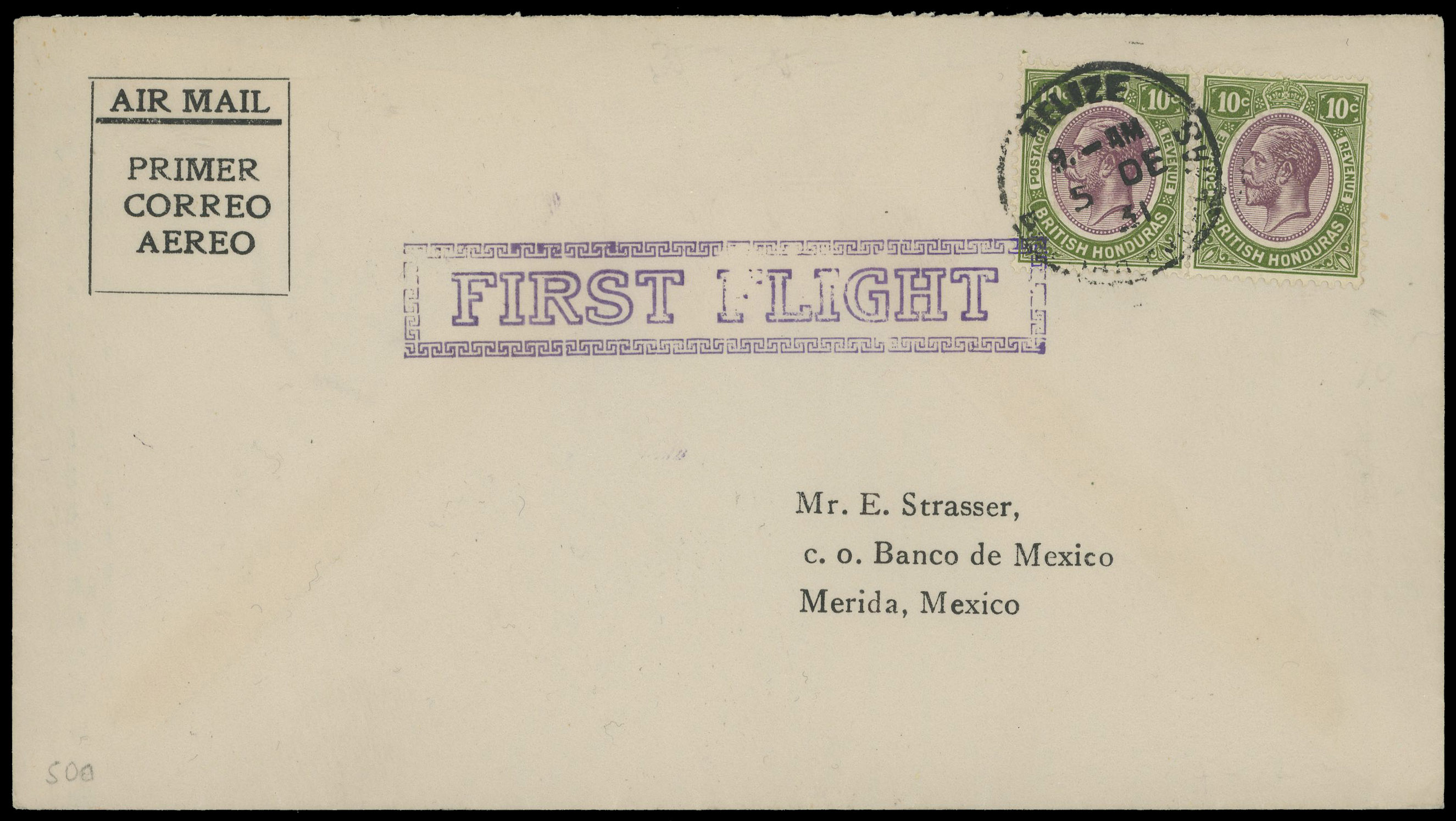 British Honduras 1931 first flight cover to Merida