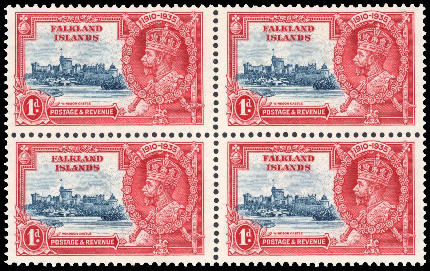 Falkland Islands 1935 Silver Jubilee 1d Flagstaff on right hand turret mint