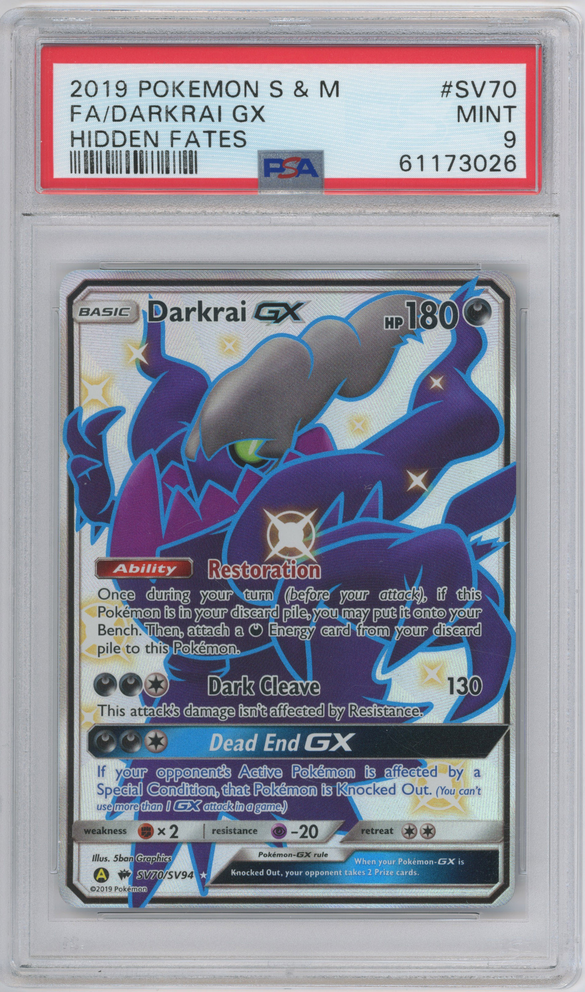 Pokémon TCG - PSA 9 Darkrai GX - Hidden Fates #SV70