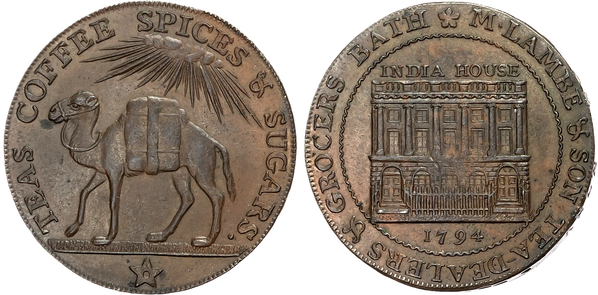 Som. Bath , Mary Lambe & Son Halfpenny 1794, View of India House, rev. Camel standing left, rayed sun above, edge PAYABL …