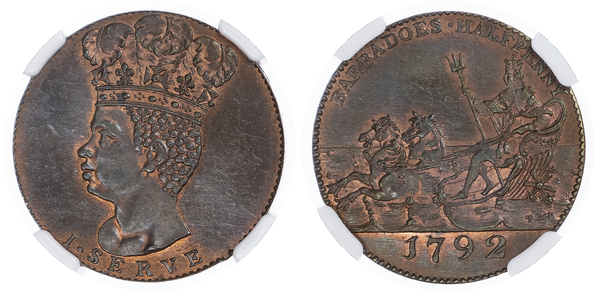 Barbados, British Colonial. George III Proof Restrike CU Halfpenny. 1792. 