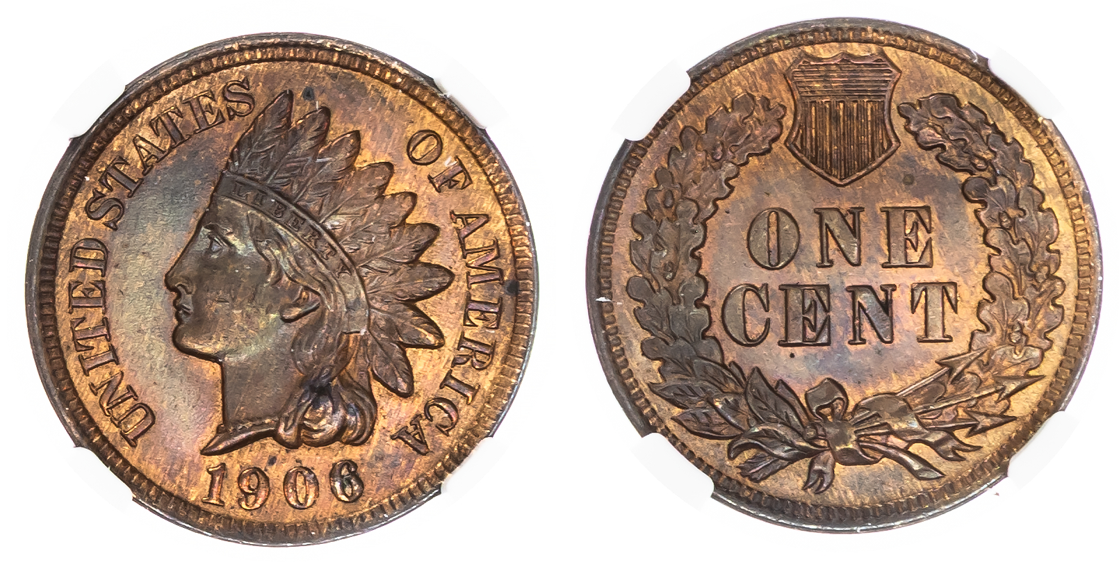 USA , Indian Head bronze Cent, 1906, Philadelphia (KM 90a) . In NGC holder graded MS 62 RB (8222221-010).…