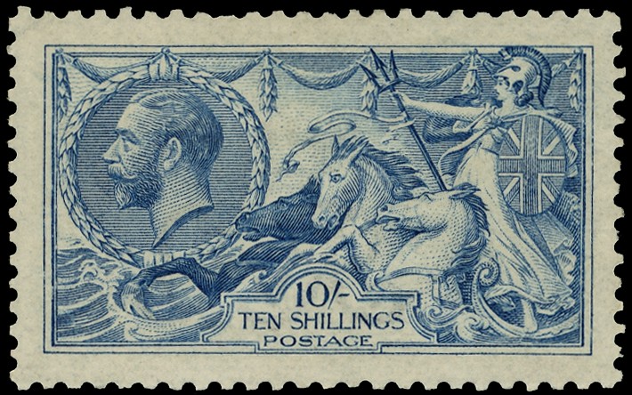 1915 10/- Cambridge blue, brilliant large part o.g.