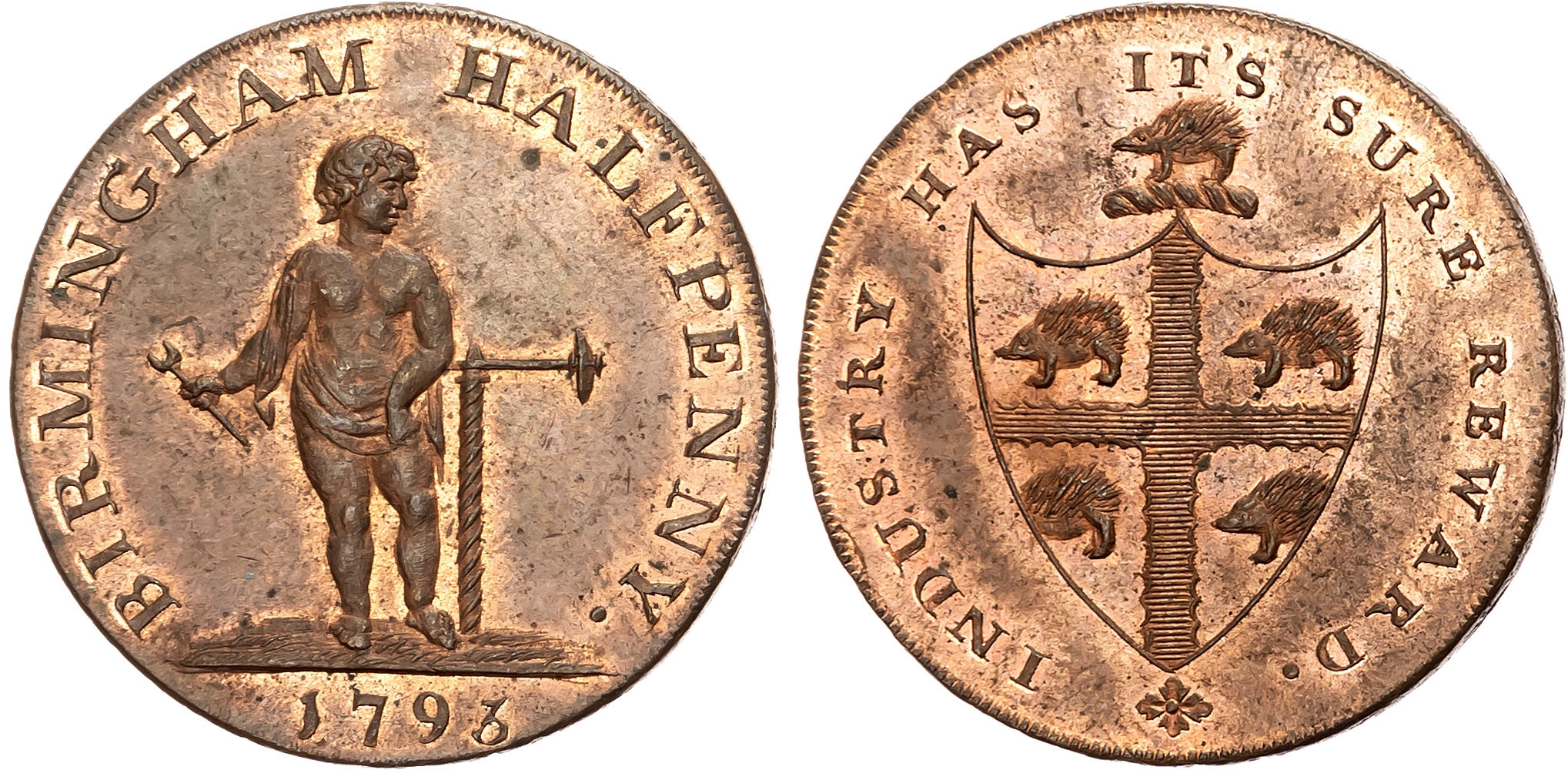 Warks. Birmingham , Kempson’s Halfpenny 1797, Boy standing holding an auger and spanner, rev. hedgehog crest and arms, e …