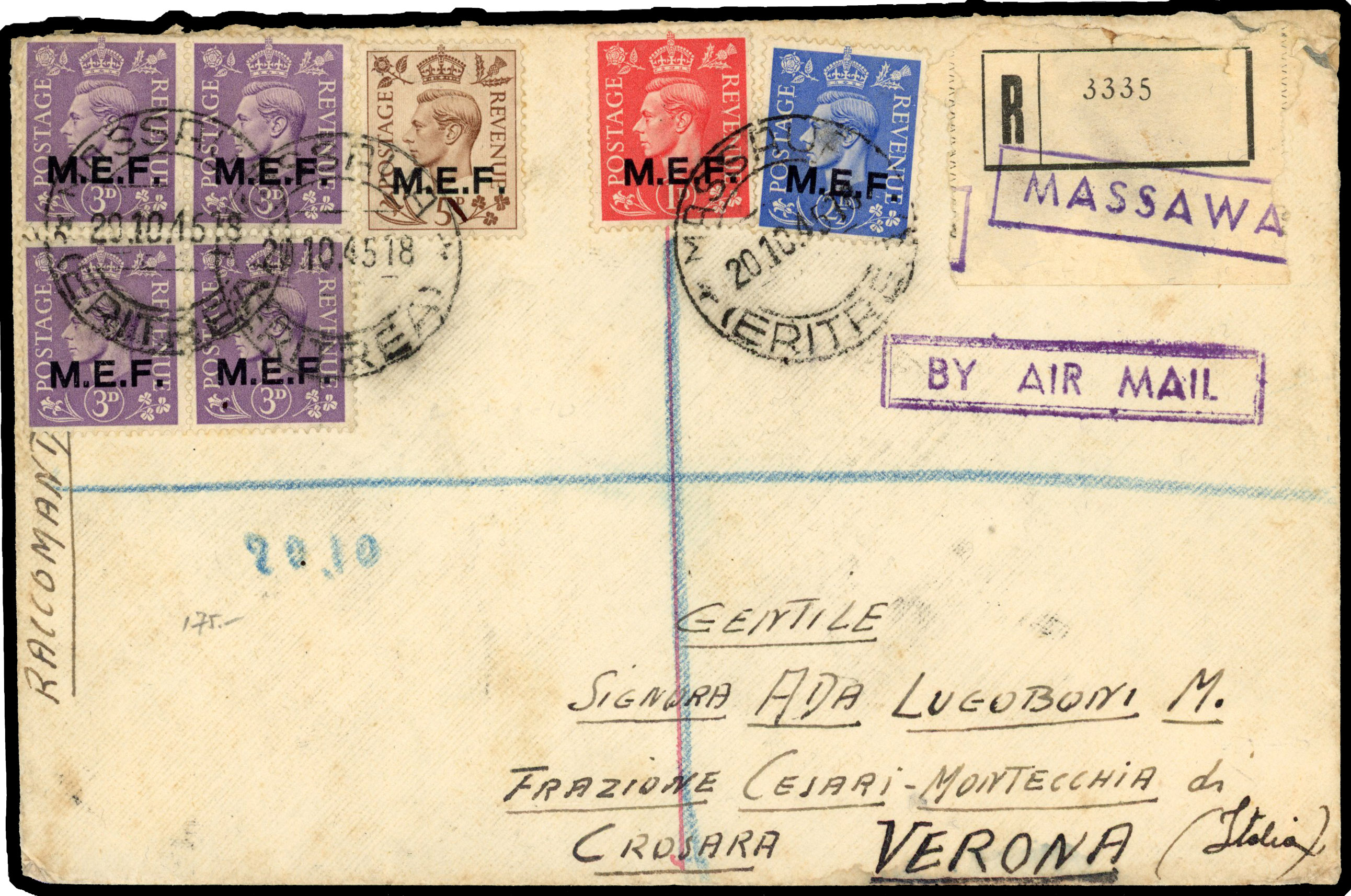 1945 registered airmail cover to Italy franked 1d, 2½d, 5d and 3d block of 4 tied ‘MASSAWA/(ERITREA)/ 20 10 45’ cds
